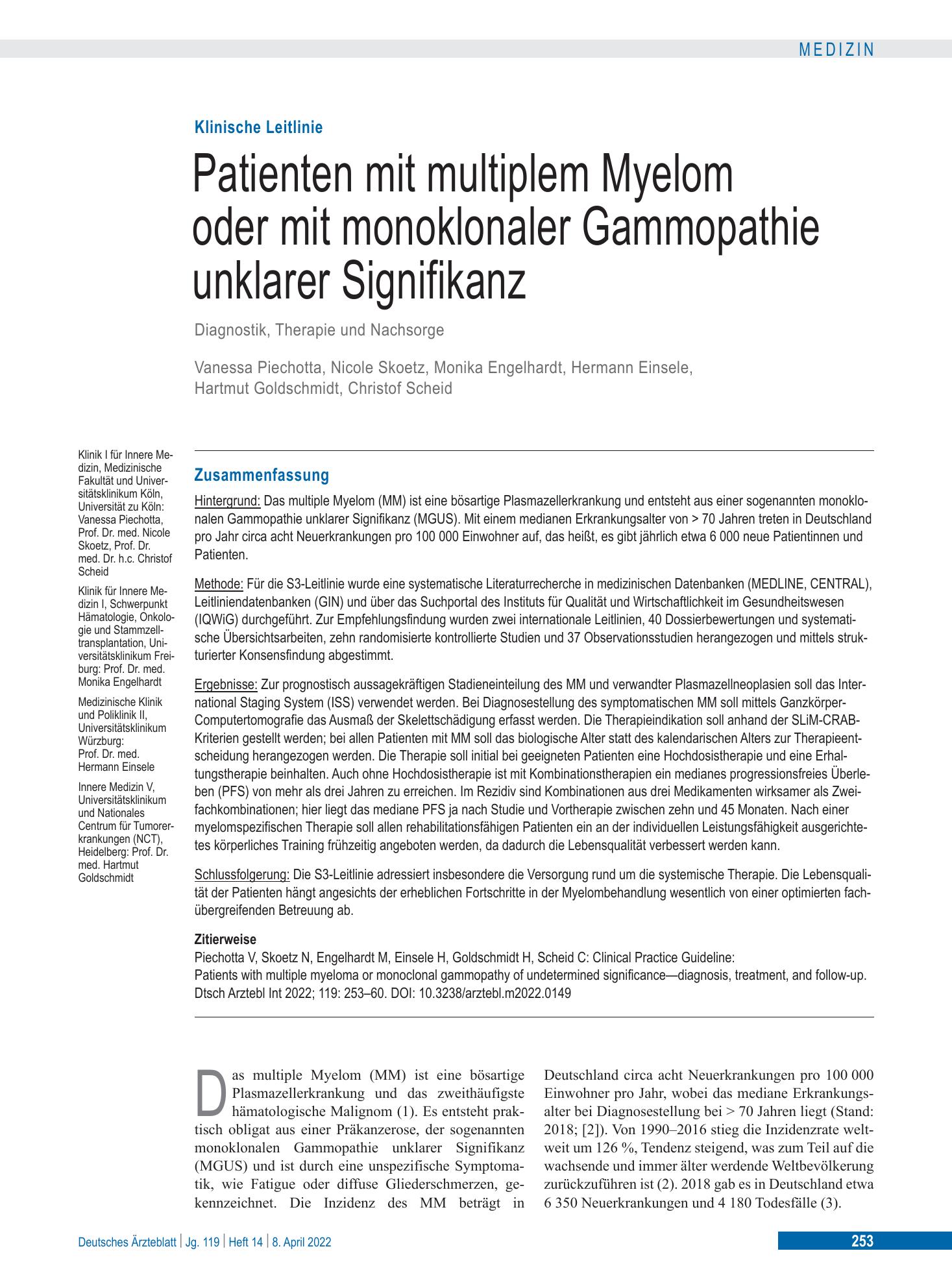 Vorschauseite 1: Patienten mit multiplem Myelom oder mit monoklonaler Gammopathie unklarer Signifikanz – Deutsches Ärzteblatt