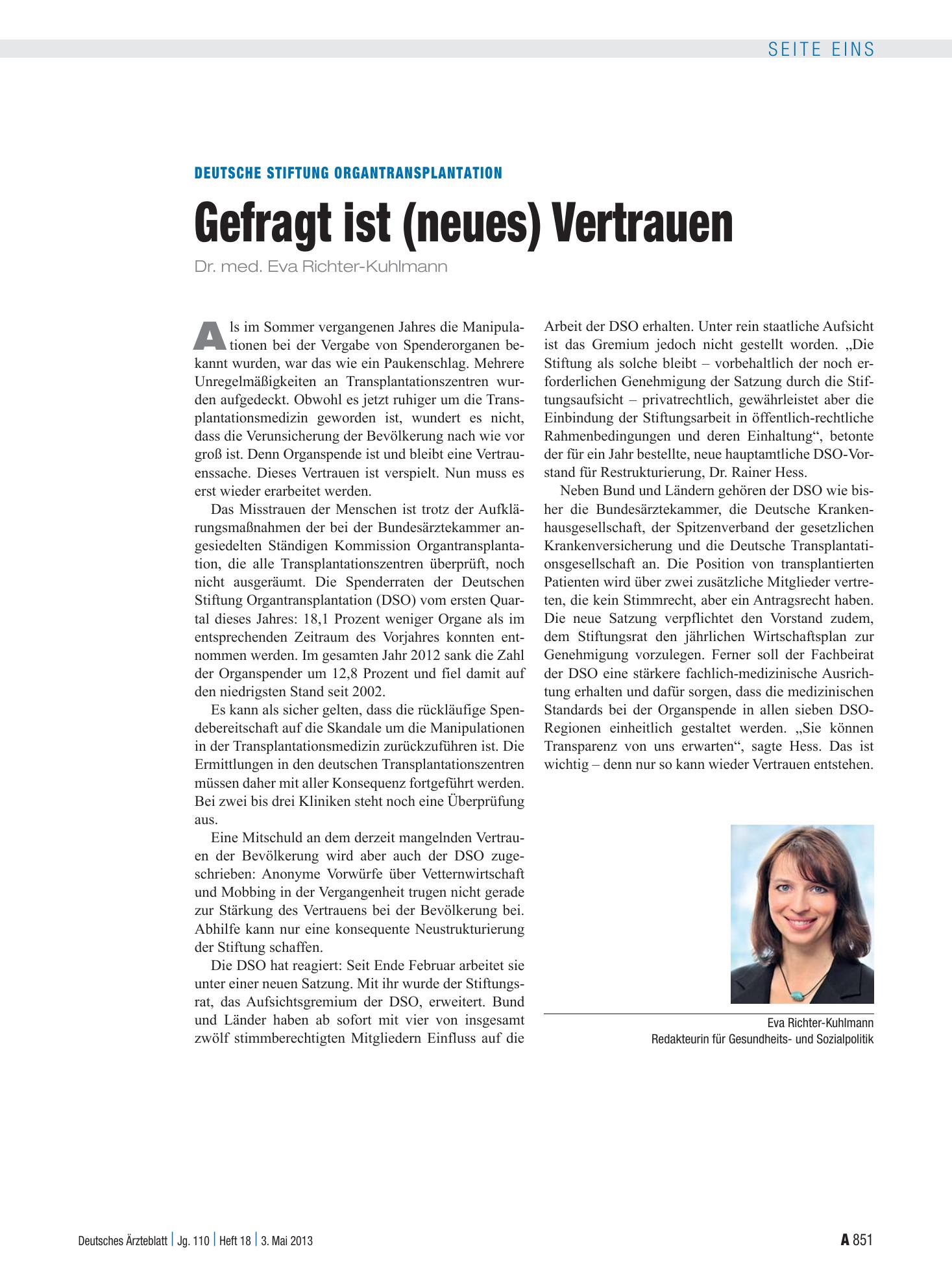 Vorschauseite 1: Deutsche Stiftung Organtransplantation: Gefragt ist (neues) Vertrauen – Deutsches Ärzteblatt