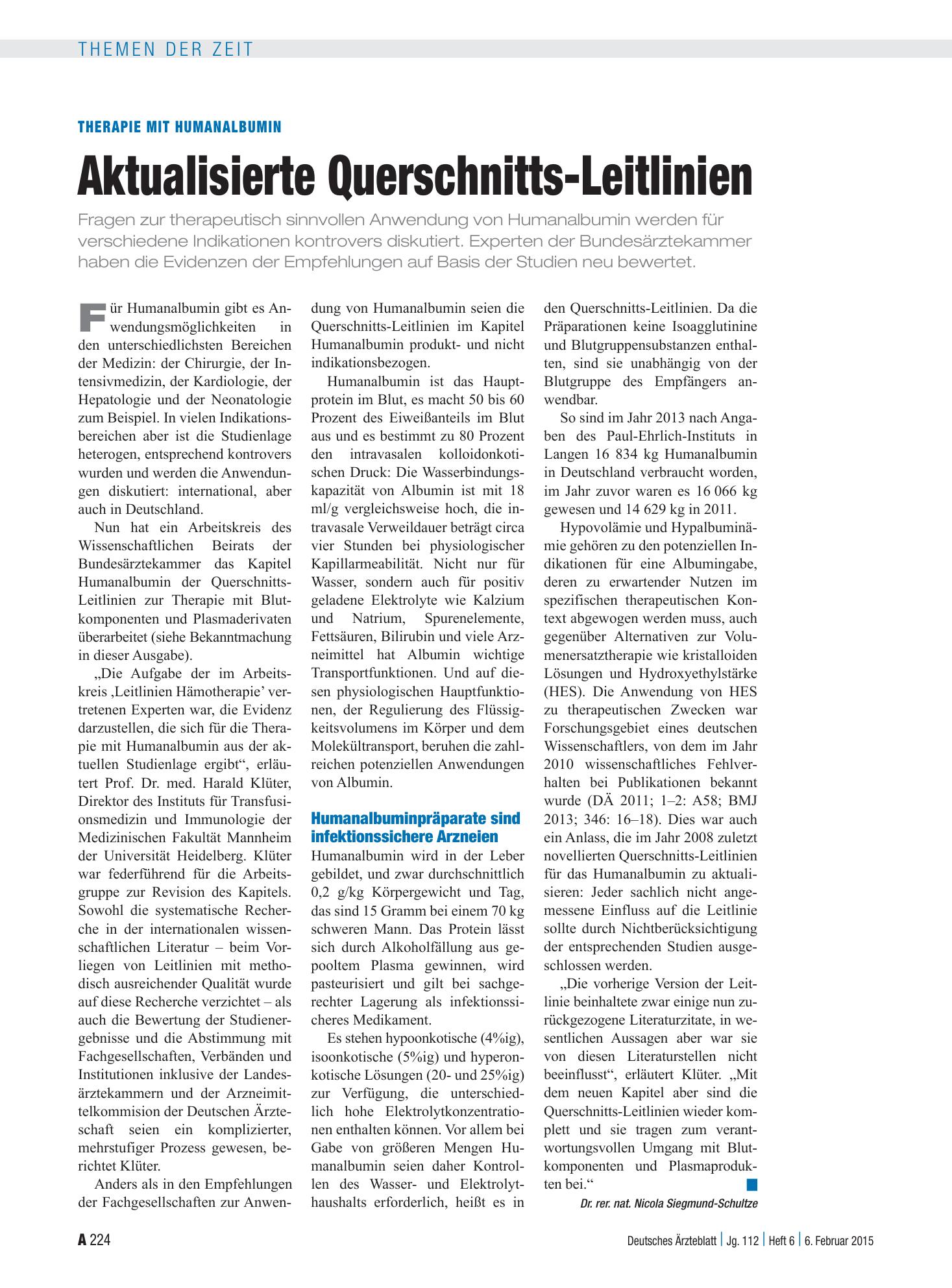 Vorschauseite 1: Therapie mit Humanalbumin: Aktualisierte Querschnitts-Leitlinien – Deutsches Ärzteblatt