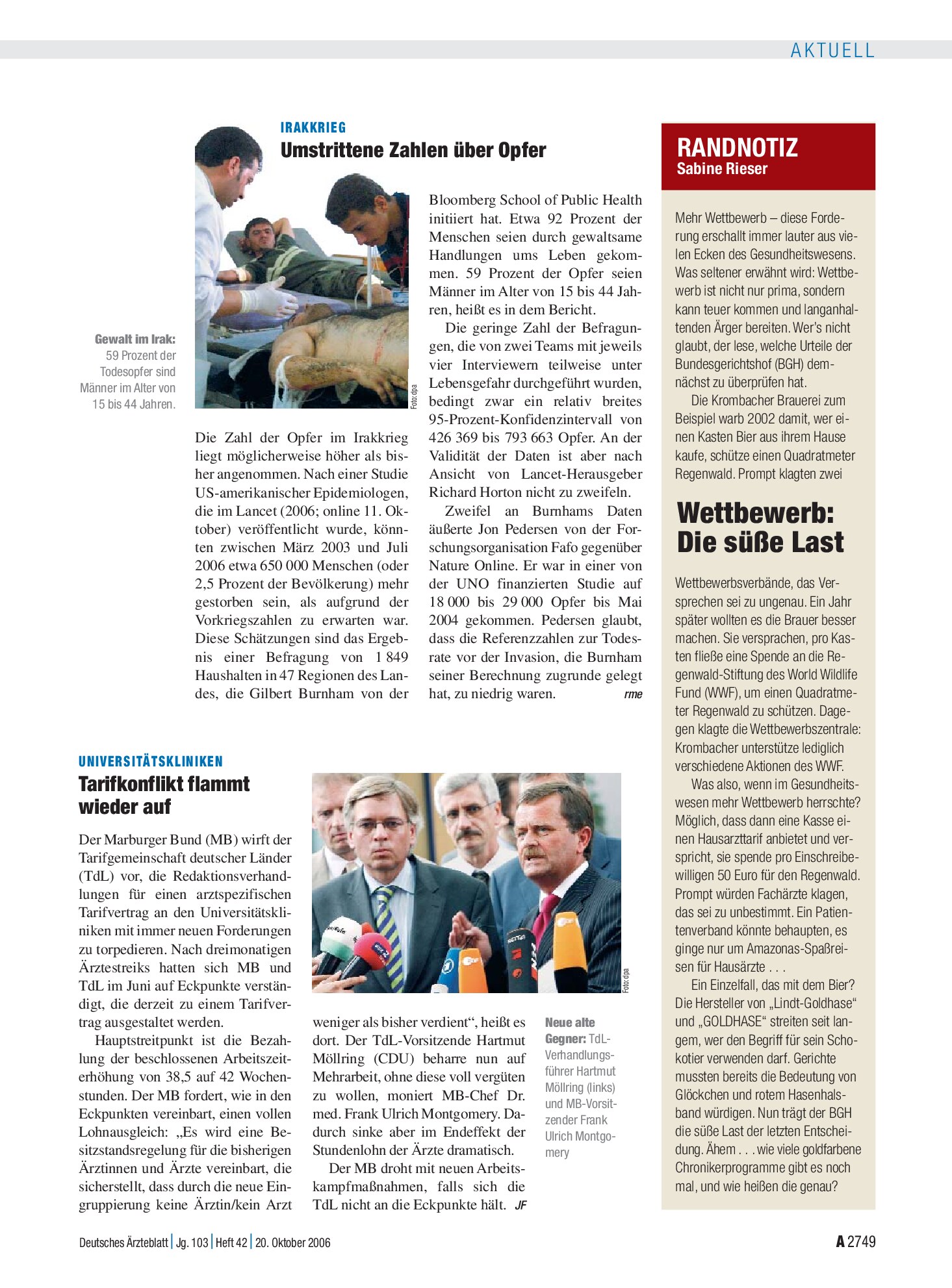 Vorschauseite 1: Irakkrieg: Umstrittene Zahlen über Opfer – Deutsches Ärzteblatt