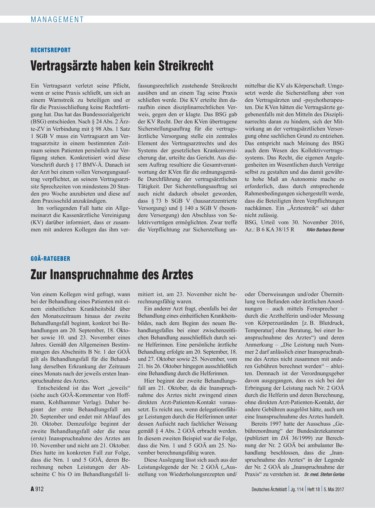 Vorschauseite 1: GOÄ-Ratgeber: Zur Inanspruchnahme des Arztes – Deutsches Ärzteblatt
