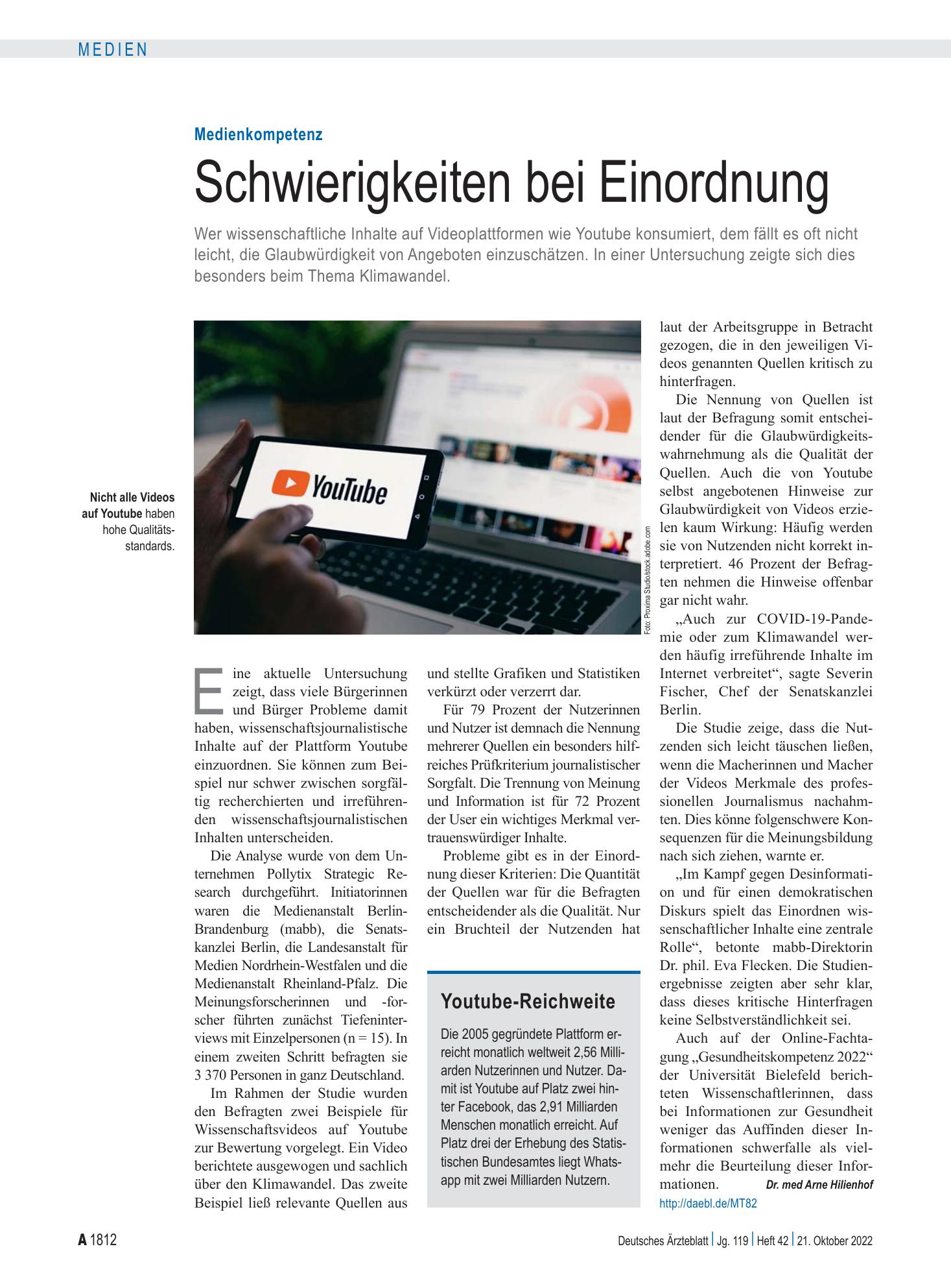 Vorschauseite 1: Medienkompetenz: Schwierigkeiten bei Einordnung – Deutsches Ärzteblatt