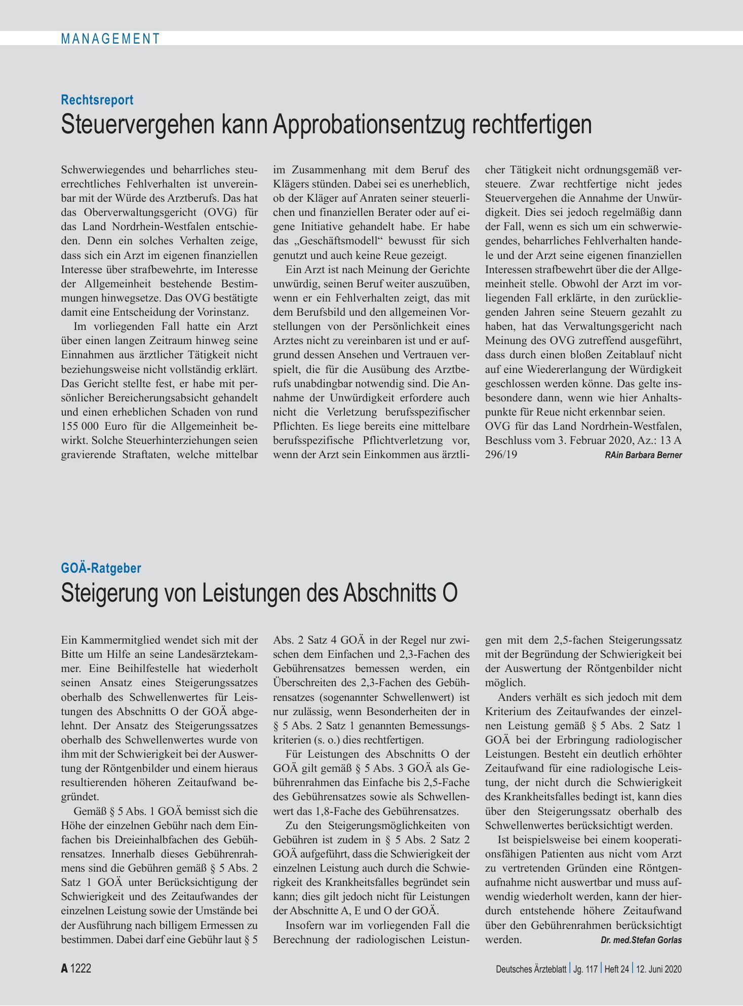 Vorschauseite 1: GOÄ-Ratgeber: Steigerung von Leistungen des Abschnitts O – Deutsches Ärzteblatt