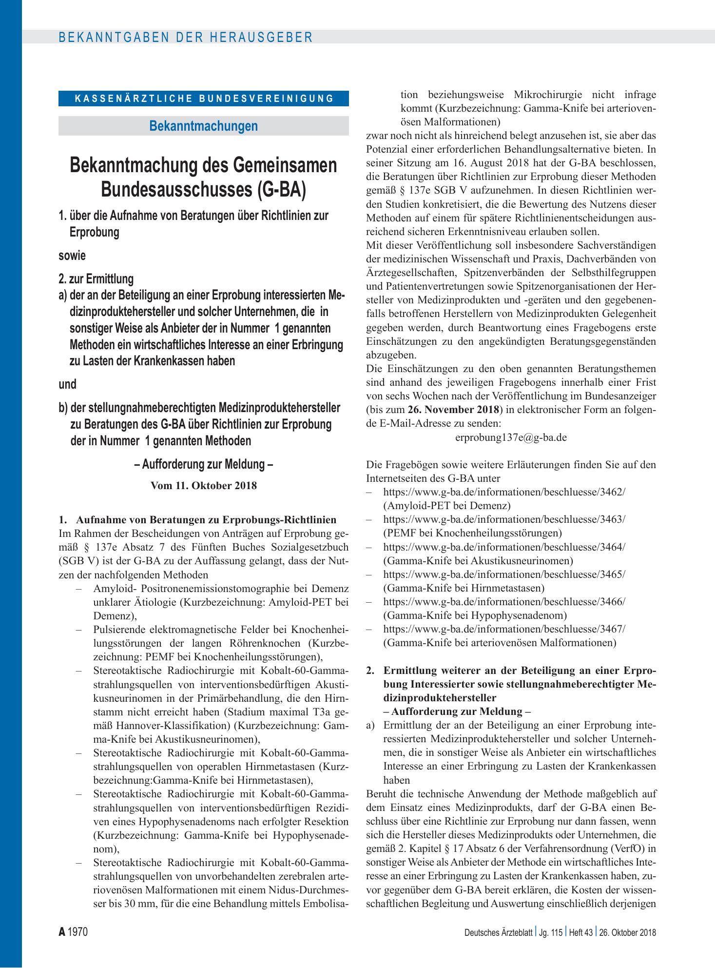 Vorschauseite 1: Bekanntmachung des Gemeinsamen Bundesausschusses (G-BA) – Deutsches Ärzteblatt