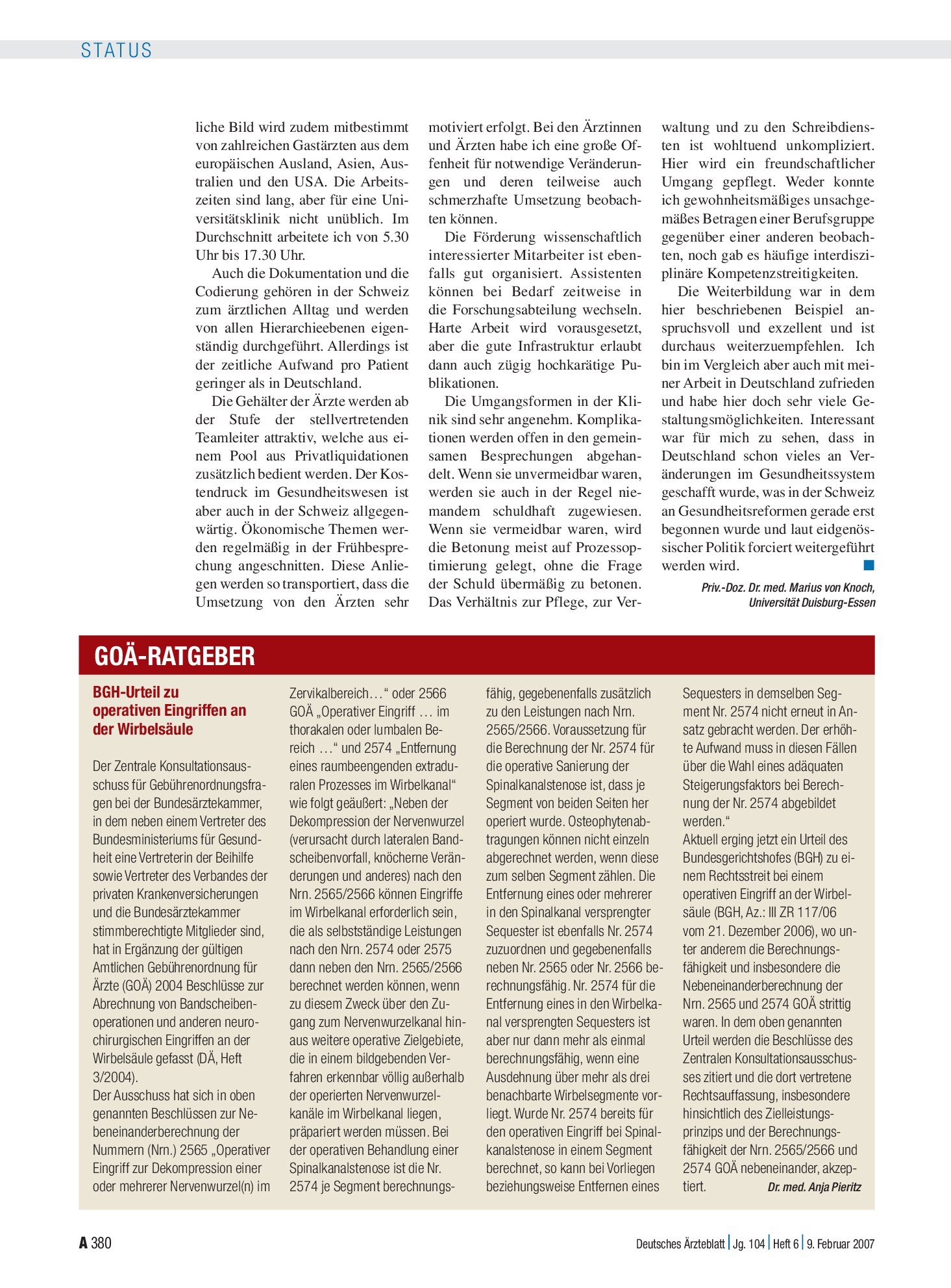 Vorschauseite 1: BGH-Urteil zu operativen Eingriffen an der Wirbelsäule – Deutsches Ärzteblatt