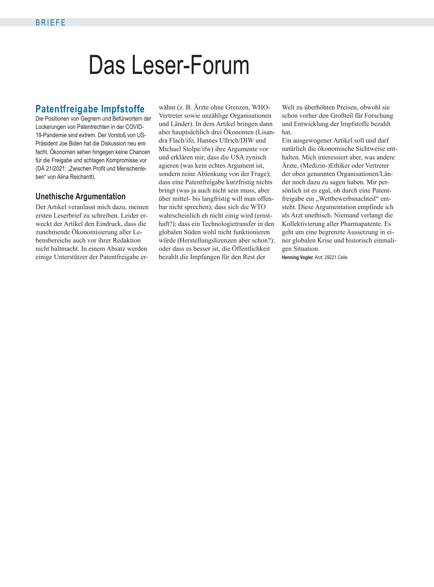Vorschauseite 1: Patentfreigabe Impfstoffe: Unethische Argumentation – Deutsches Ärzteblatt