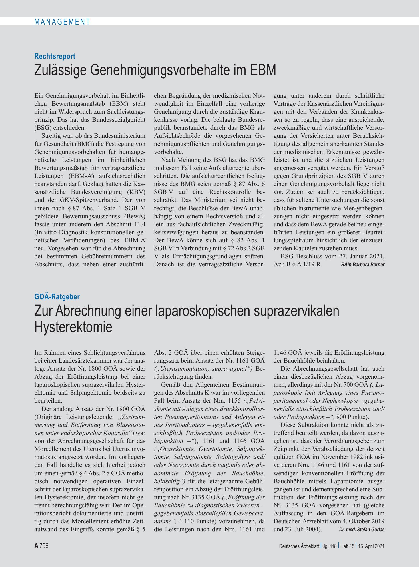 Vorschauseite 1: Rechtsreport: Zulässige Genehmigungsvorbehalte im EBM – Deutsches Ärzteblatt