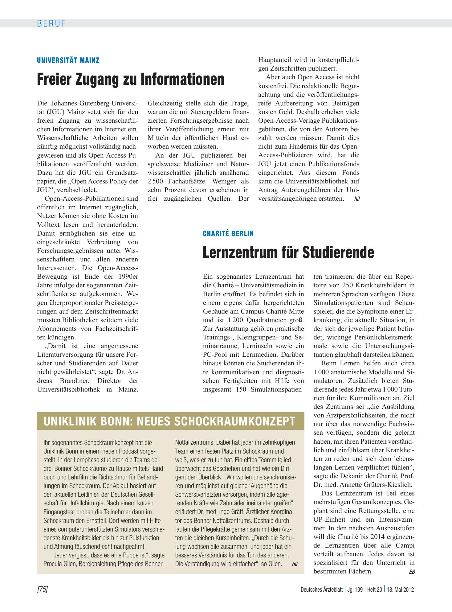 Vorschauseite 1: Charité Berlin: Lernzentrum für Studierende – Deutsches Ärzteblatt