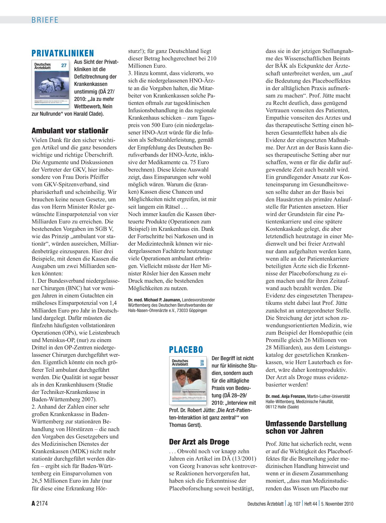 Vorschauseite 1: Placebo: Der Arzt als Droge – Deutsches Ärzteblatt