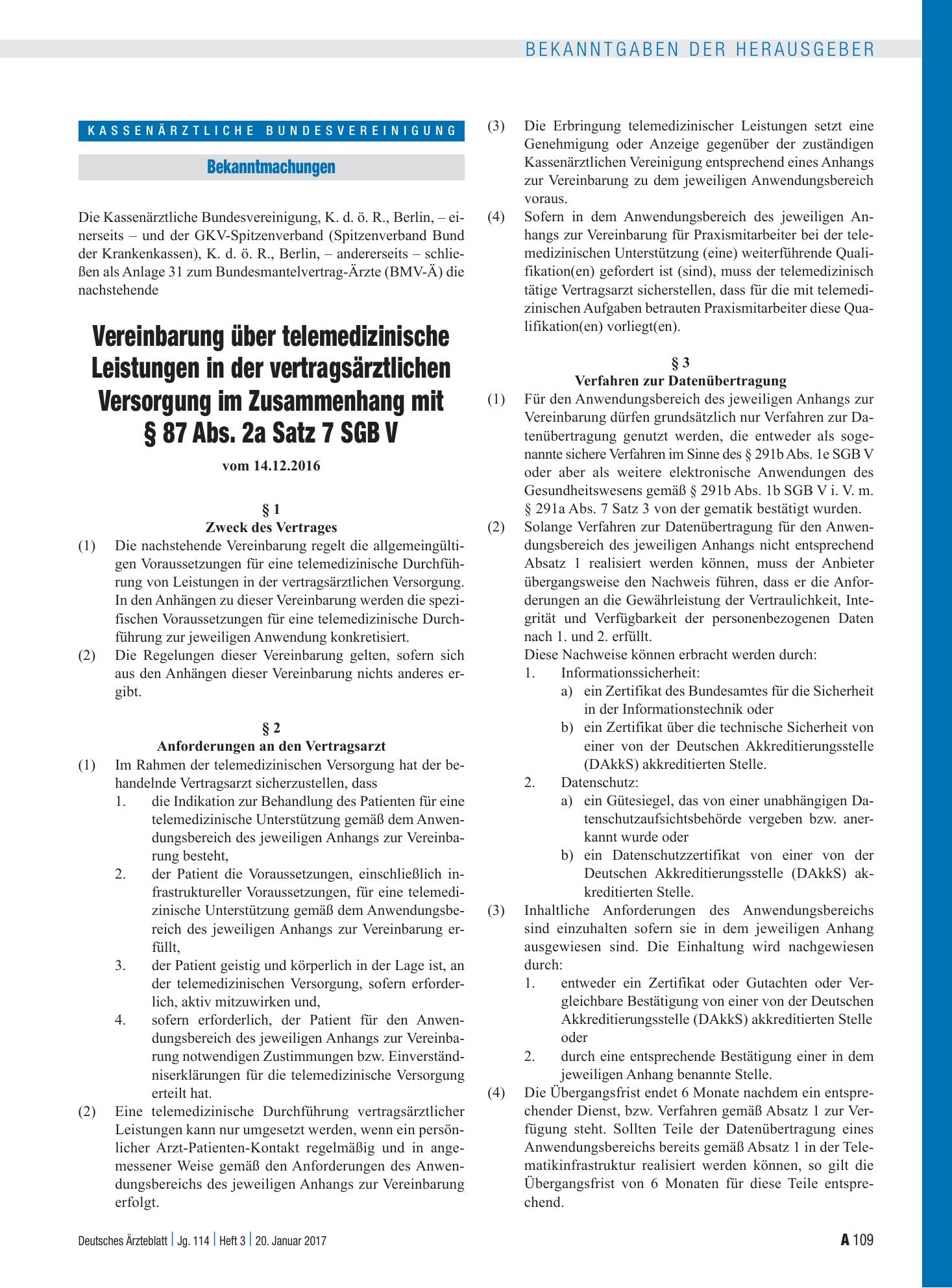 Vorschauseite 1: Vereinbarung über telemedizinische Leistungen in der vertragsärztlichen Versorgung im Zusammenhang mit § 87 Abs. 2a Satz 7 SGB V – Deutsches Ärzteblatt