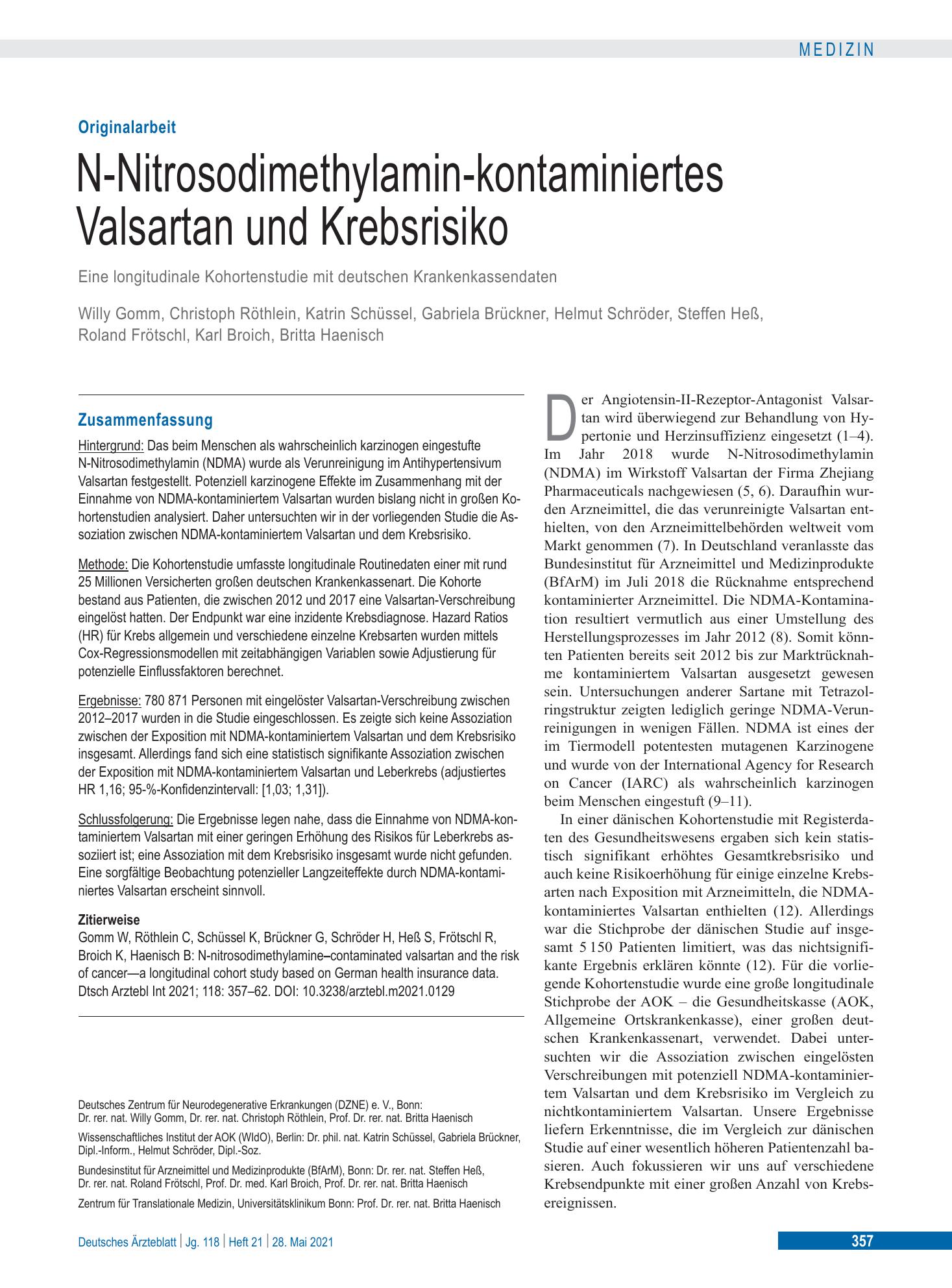 Vorschauseite 1: N-Nitrosodimethylamin-kontaminiertes Valsartan und Krebsrisiko – Deutsches Ärzteblatt
