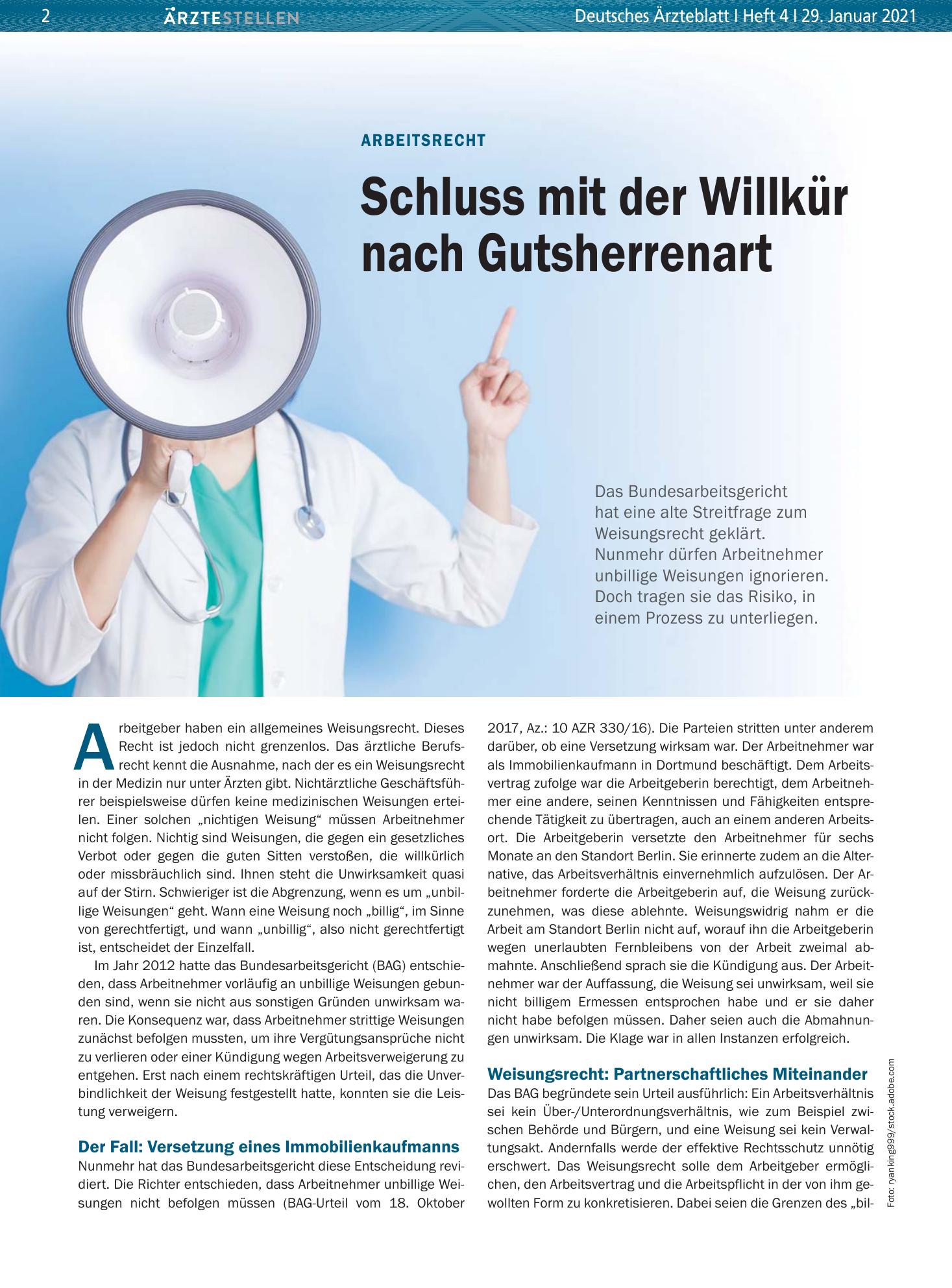 Vorschauseite 1: Arbeitsrecht: Schluss mit der Willkür nach Gutsherrenart – Deutsches Ärzteblatt