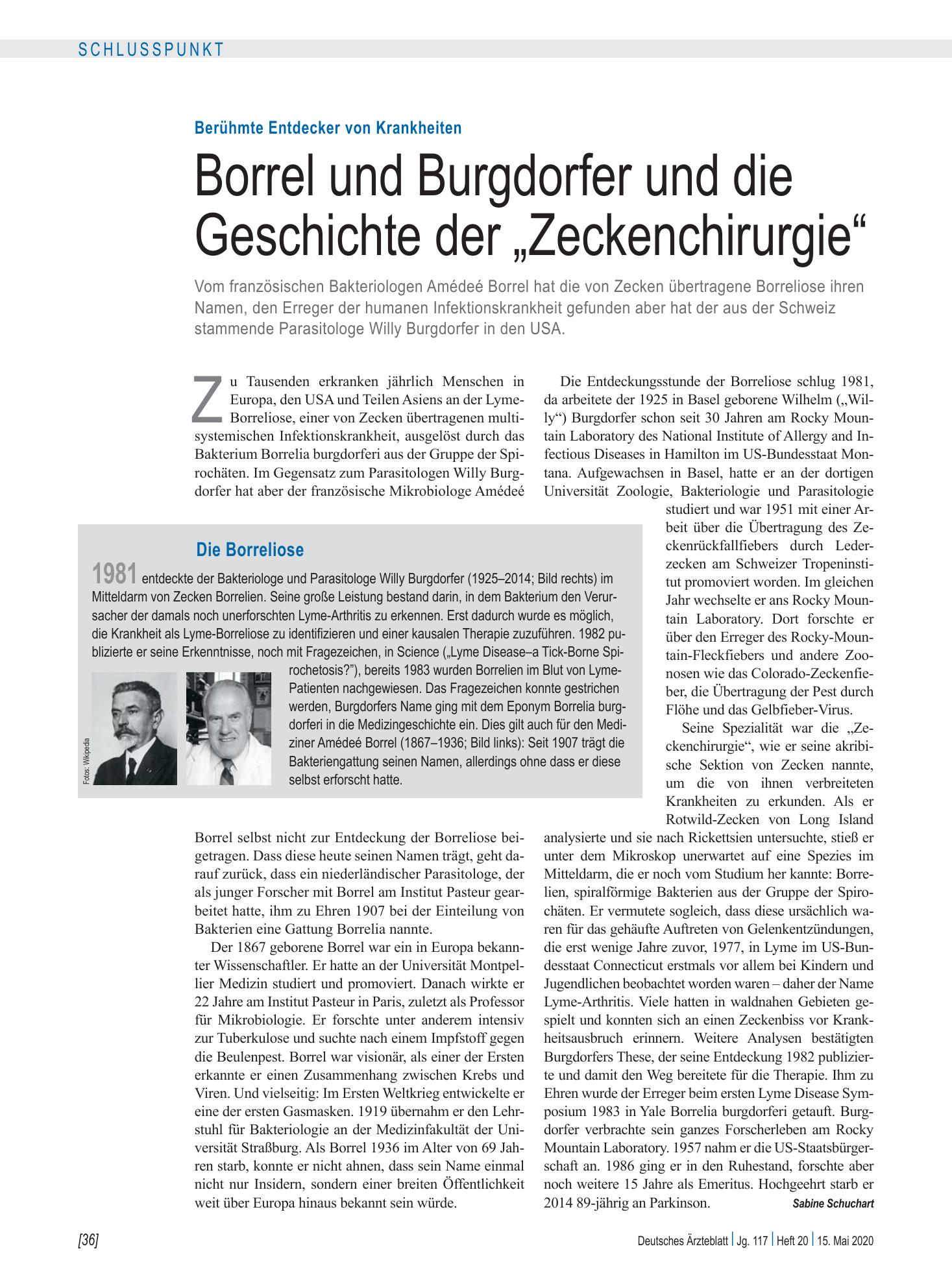 Vorschauseite 1: Berühmte Entdecker von Krankheiten: Borrel und Burgdorfer und die Geschichte der „Zeckenchirurgie“ – Deutsches Ärzteblatt