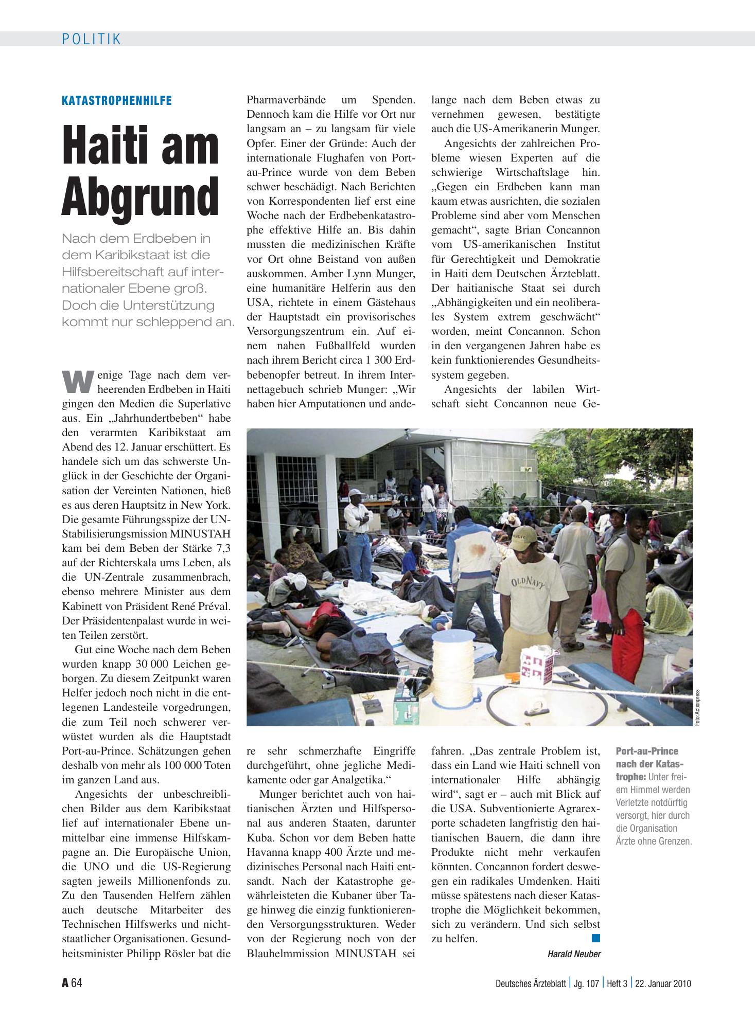 Vorschauseite 1: Katastrophenhilfe: Haiti am Abgrund – Deutsches Ärzteblatt