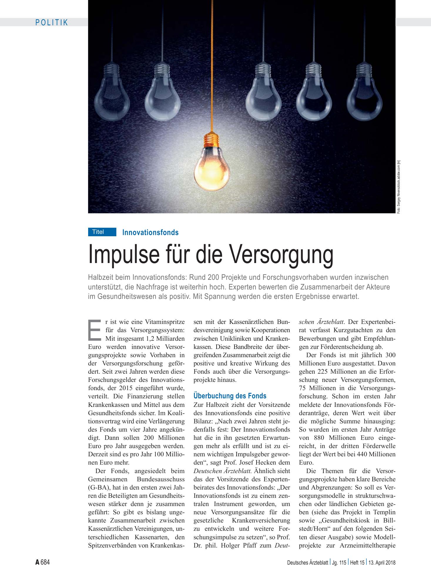 Vorschauseite 1: Innovationsfonds: Impulse für die Versorgung – Deutsches Ärzteblatt