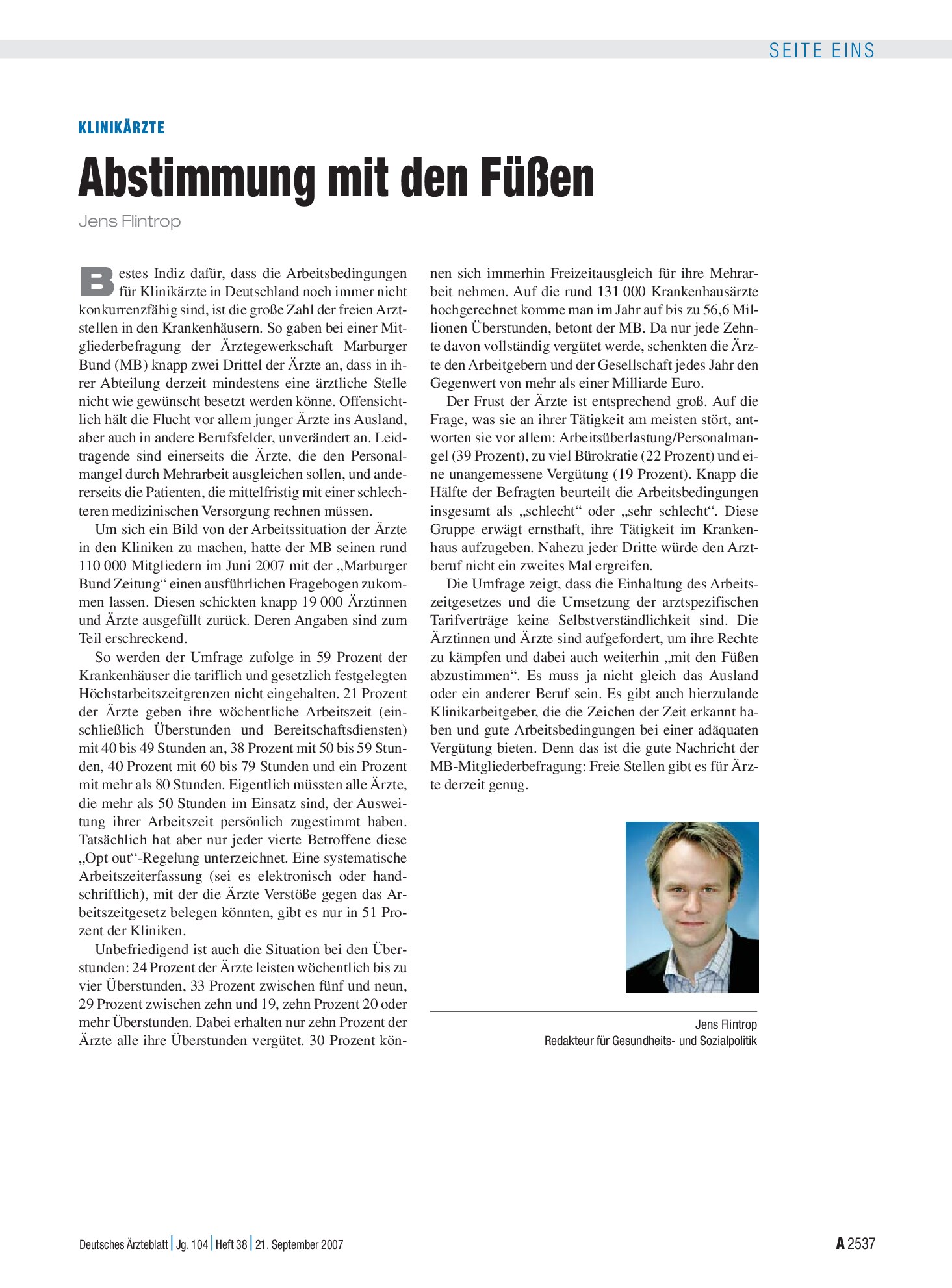 Vorschauseite 1: Klinikärzte: Abstimmung mit den Füßen – Deutsches Ärzteblatt