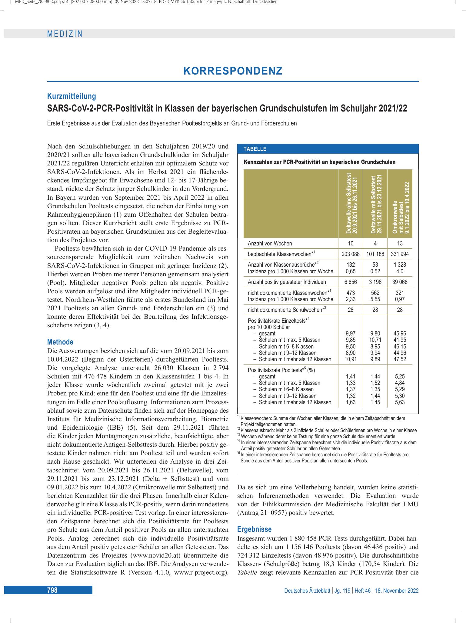 Vorschauseite 1: SARS-CoV-2-PCR-Positivität in Klassen der bayerischen Grundschulstufen im Schuljahr 2021/22 – Deutsches Ärzteblatt