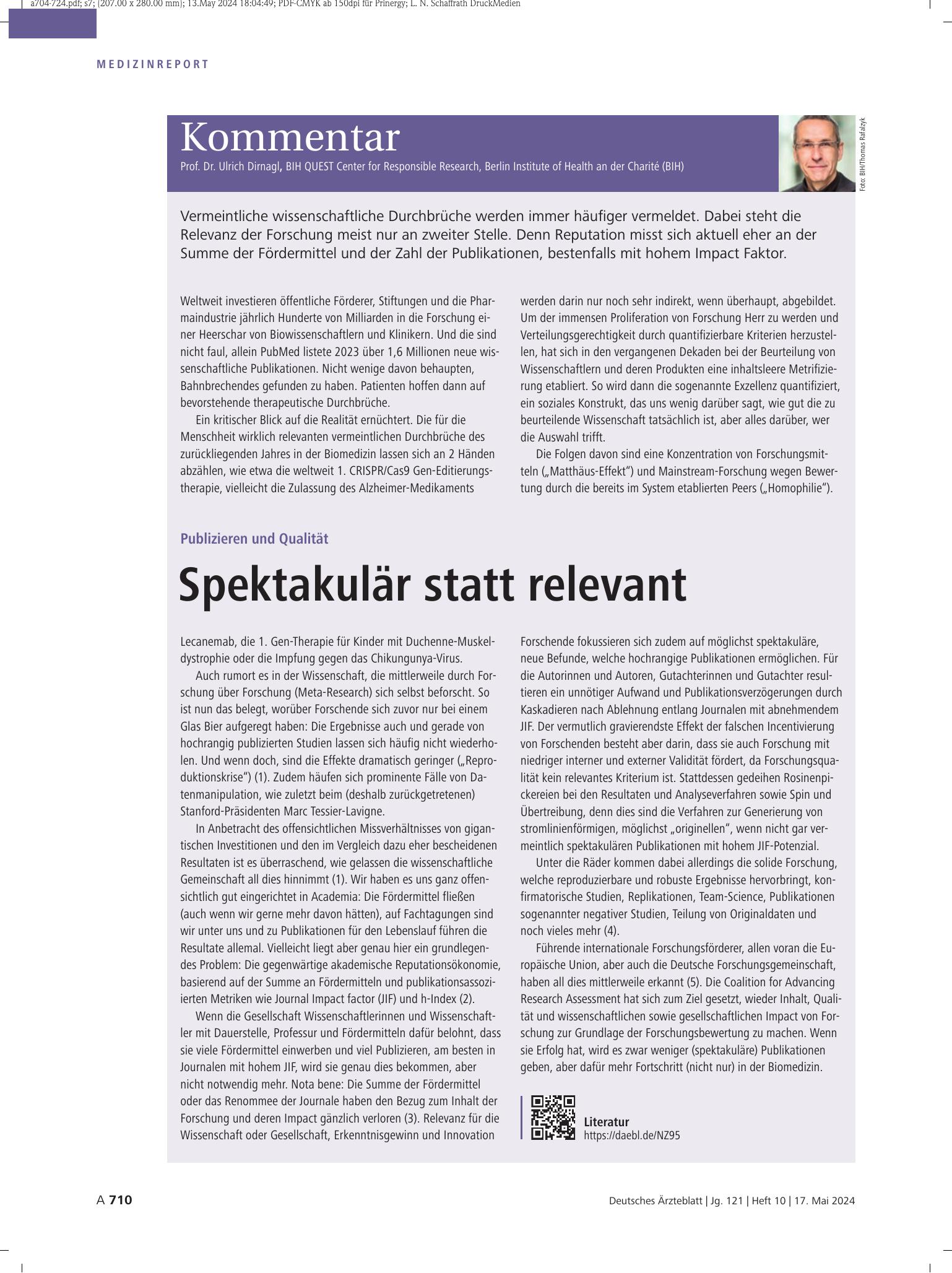 Vorschauseite 1: Publizieren und Qualität: Kommentar Spektakulär statt relevant – Deutsches Ärzteblatt