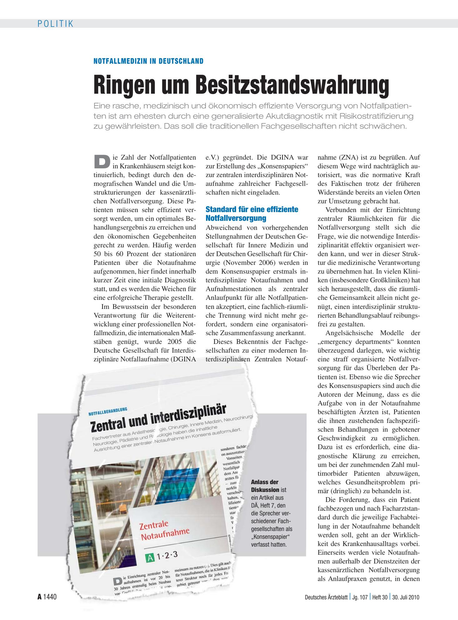 Vorschauseite 1: Notfallmedizin in Deutschland: Ringen um Besitzstandswahrung – Deutsches Ärzteblatt
