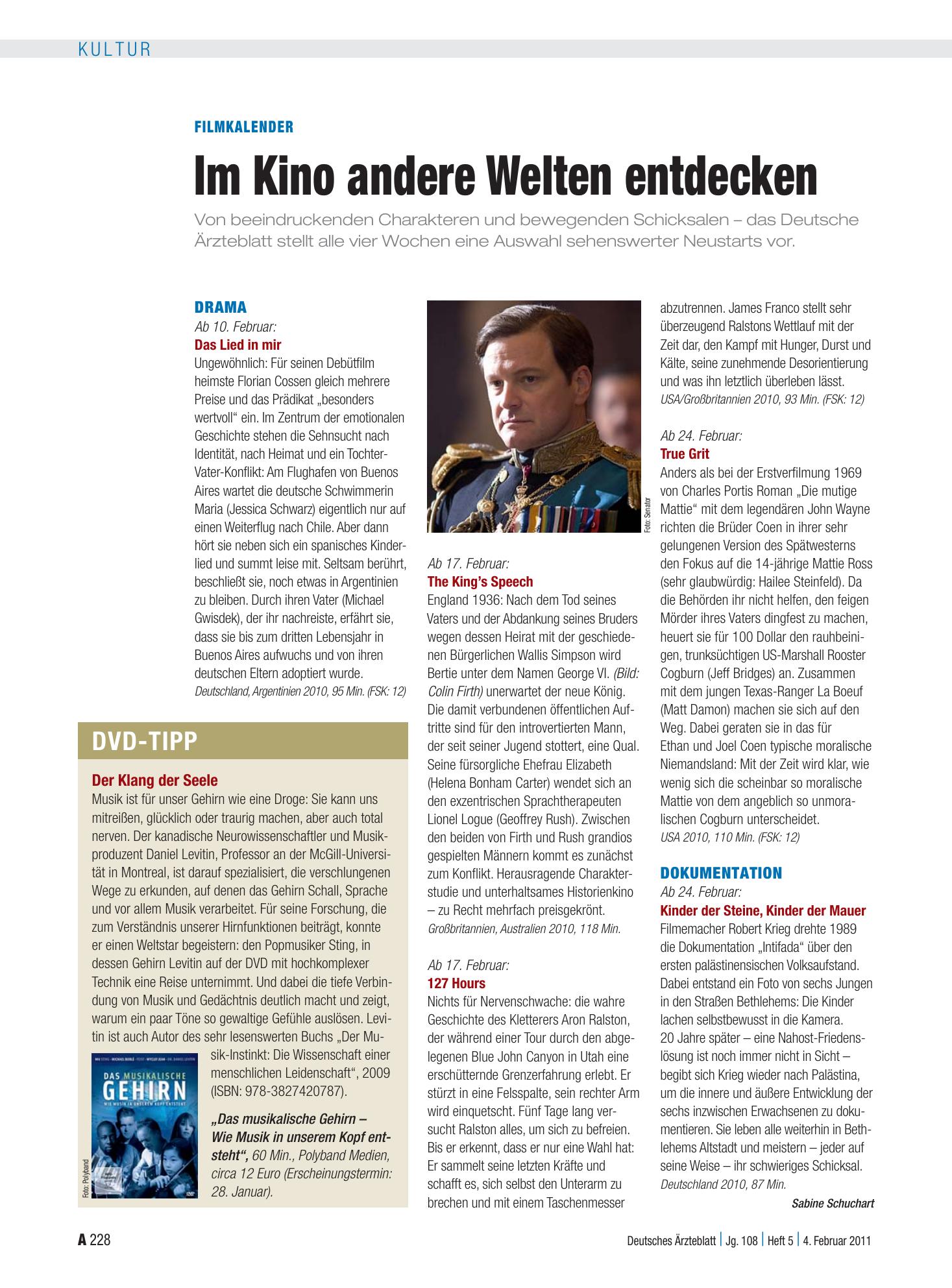 Vorschauseite 1: Filmkalender: Im Kino andere Welten entdecken – Deutsches Ärzteblatt