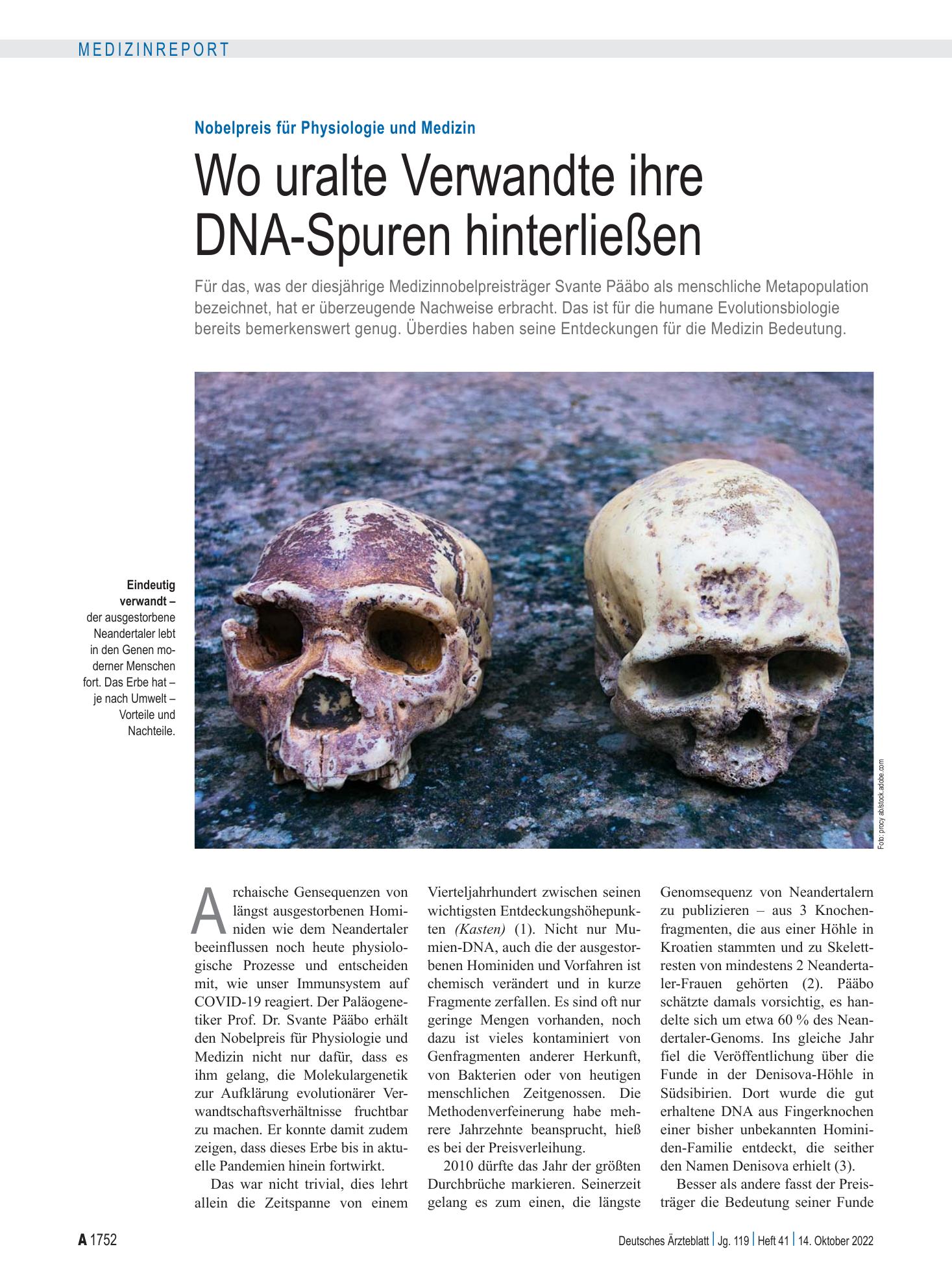 Vorschauseite 1: Nobelpreis für Physiologie und Medizin: Wo uralte Verwandte ihre DNA-Spuren hinterließen – Deutsches Ärzteblatt