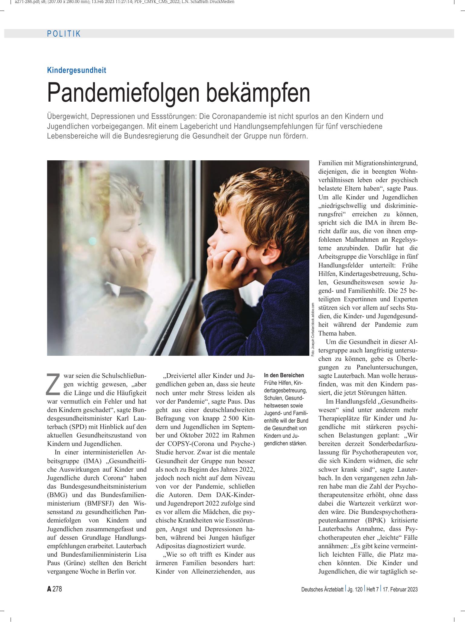 Vorschauseite 1: Kindergesundheit: Pandemiefolgen bekämpfen – Deutsches Ärzteblatt