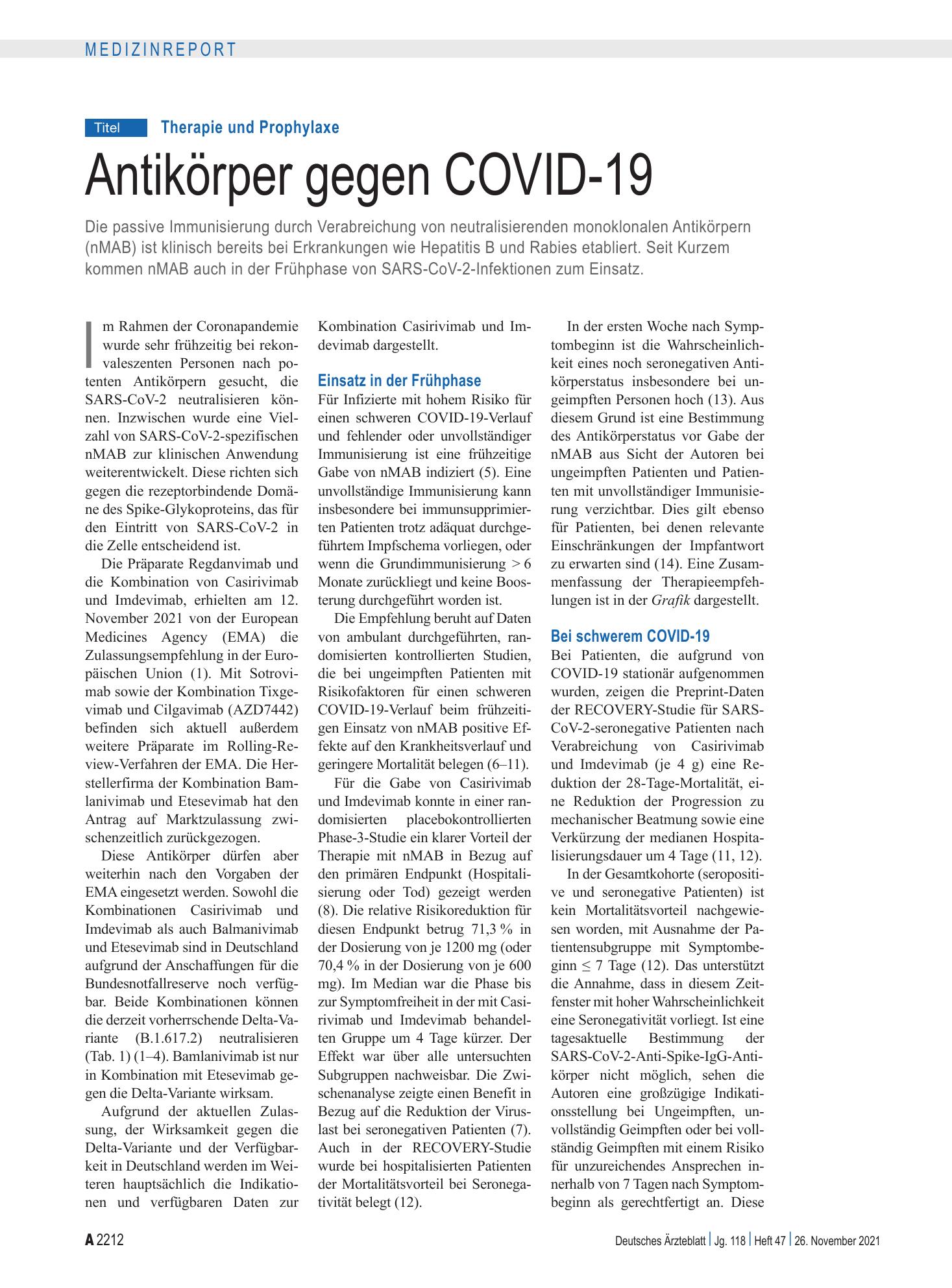 Vorschauseite 1: Therapie und Prophylaxe: Antikörper gegen COVID-19 – Deutsches Ärzteblatt