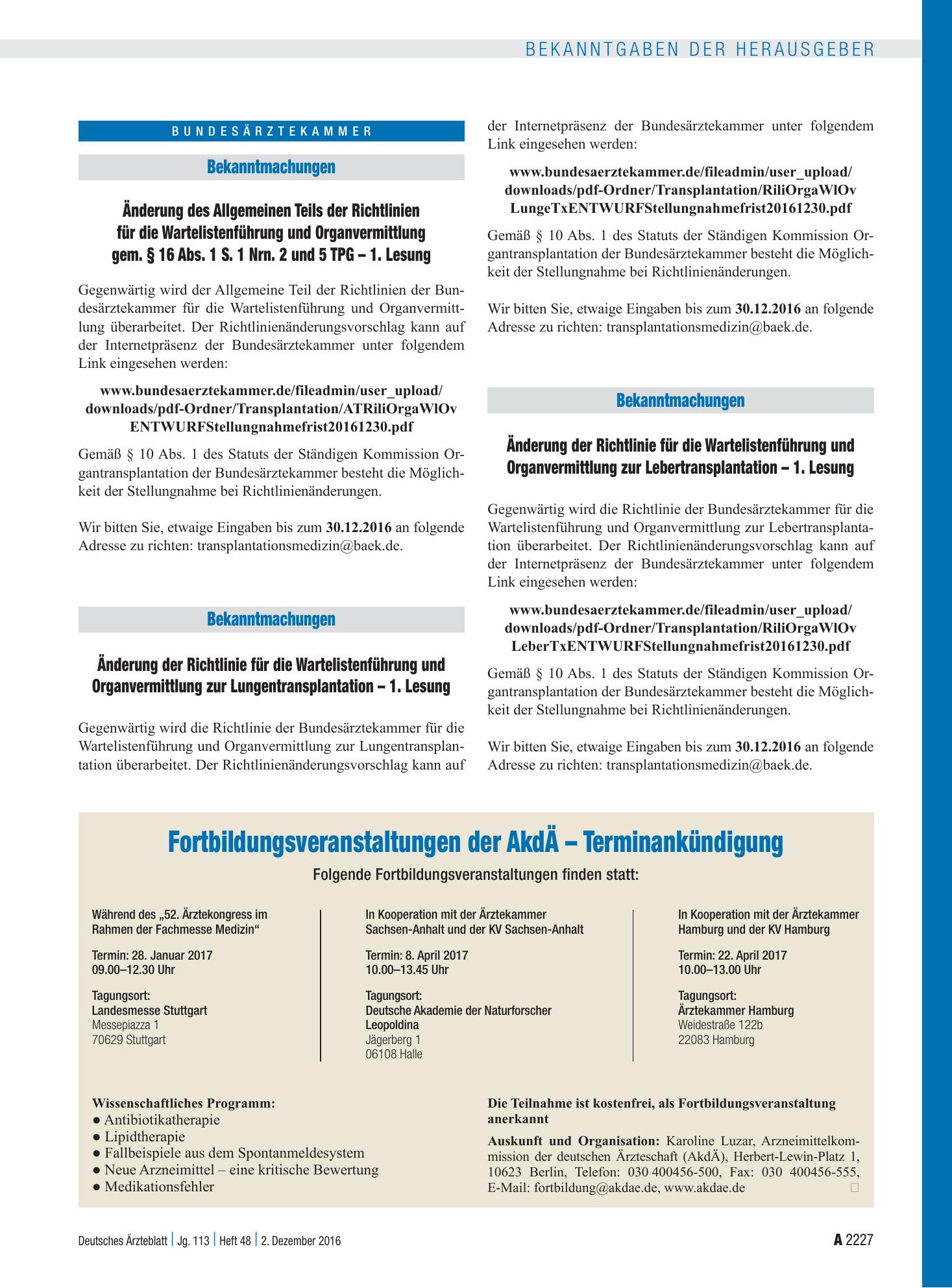 Vorschauseite 1: Fortbildungsveranstaltungen der AkdÄ – Terminankündigung – Deutsches Ärzteblatt
