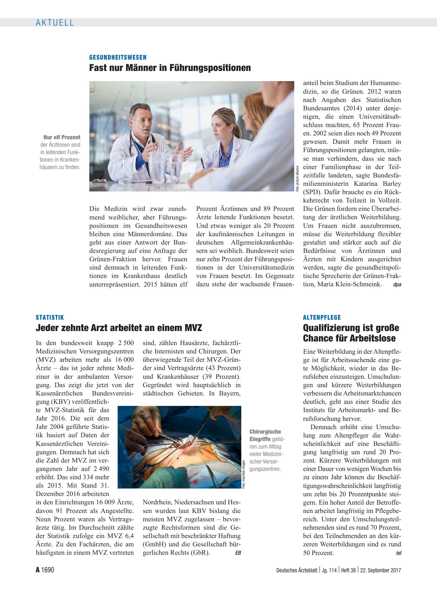 Vorschauseite 1: Statistik: Jeder zehnte Arzt arbeitet an einem MVZ – Deutsches Ärzteblatt