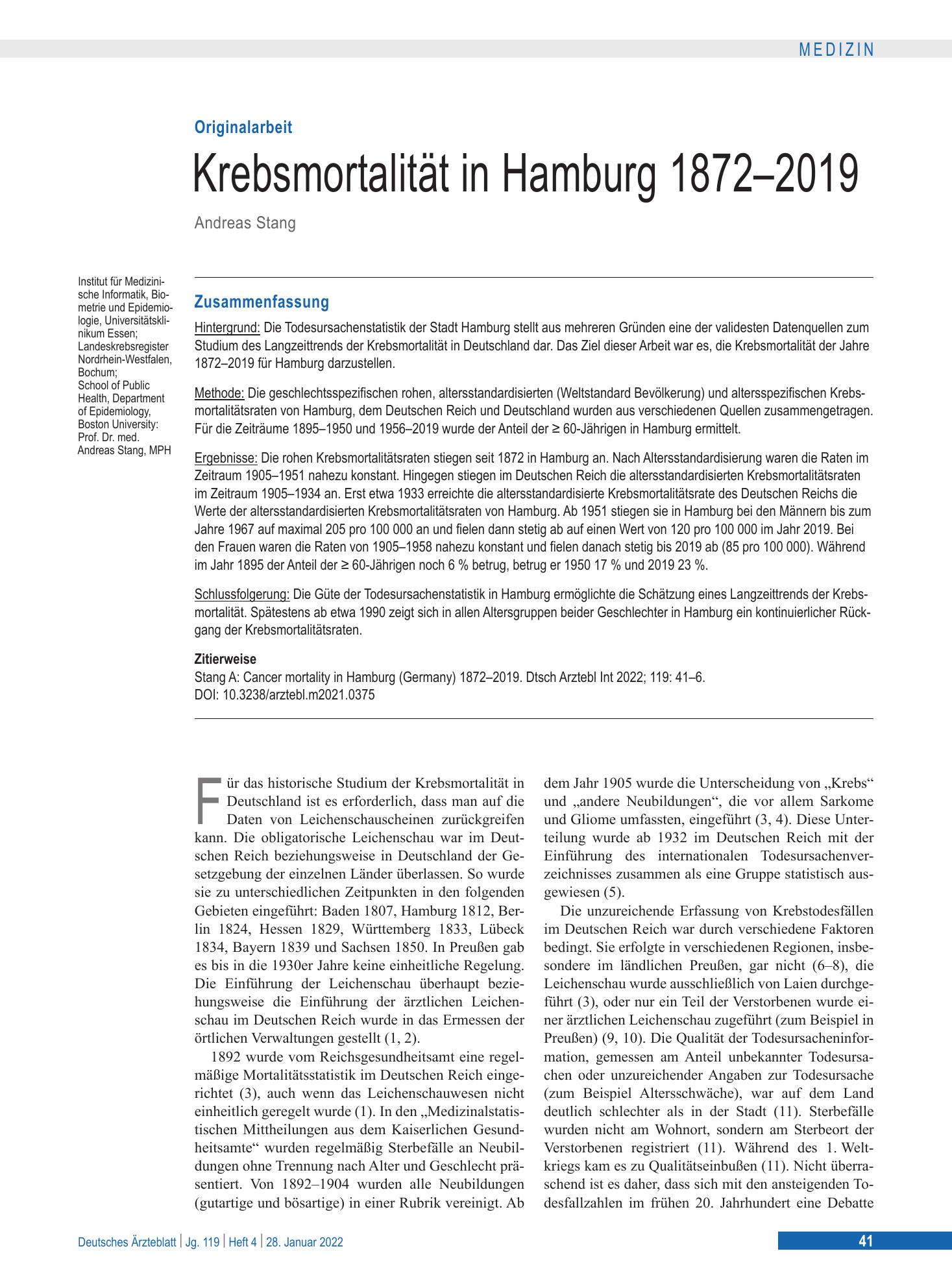 Vorschauseite 1: Krebsmortalität in Hamburg 1872 – 2019 – Deutsches Ärzteblatt