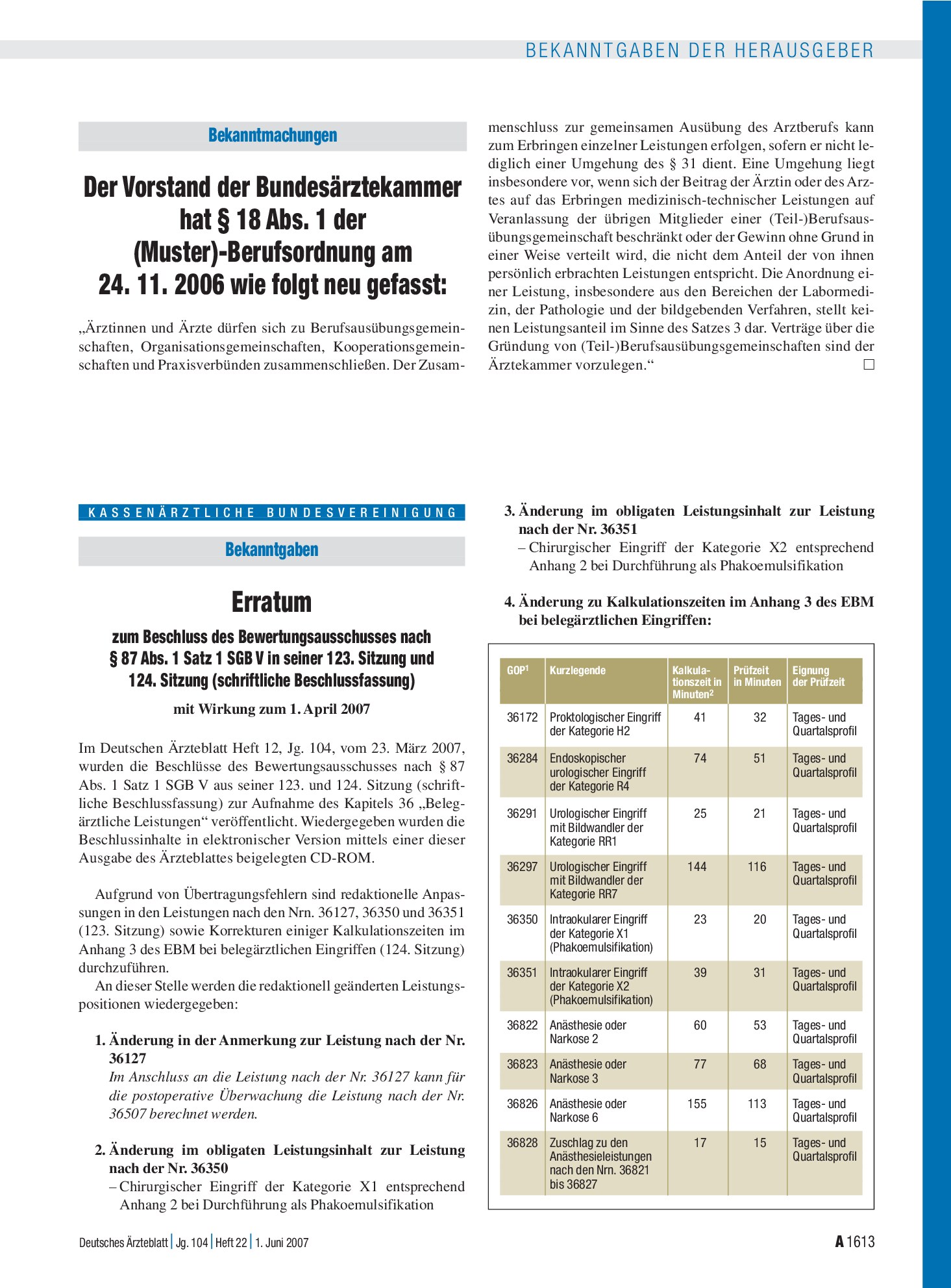 Vorschauseite 1: Bekanntmachungen: Der Vorstand der Bundesärztekammer hat § 18 Abs. 1 der (Muster)-Berufsordnung am 24. 11. 2006 wie folgt neu gefasst – Deutsches Ärzteblatt