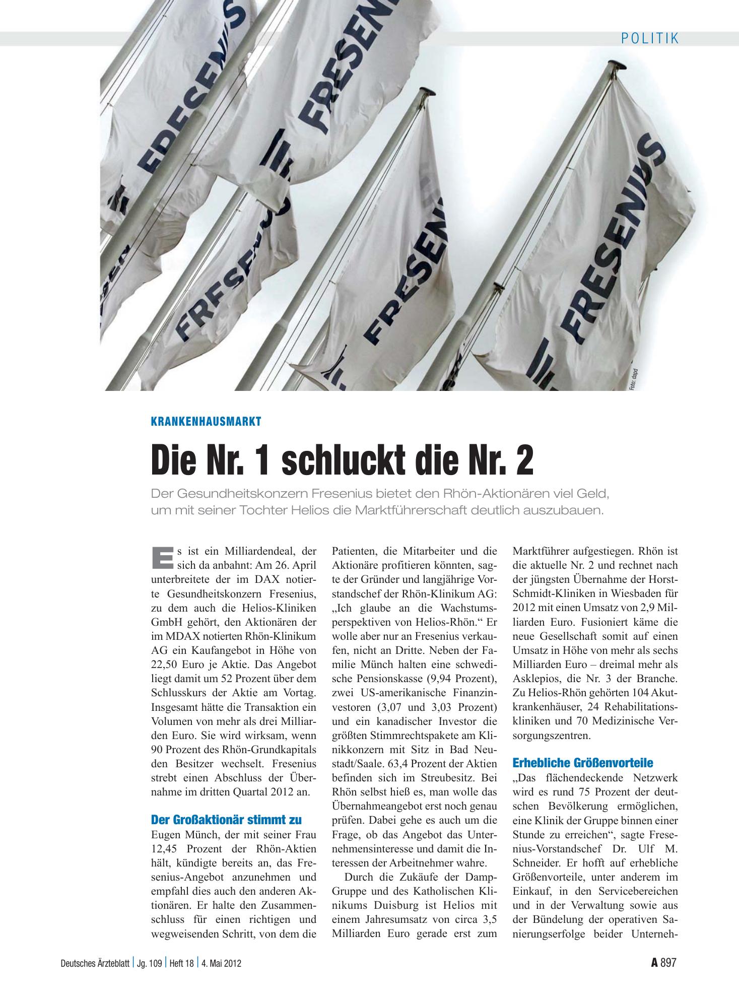 Vorschauseite 1: Krankenhausmarkt: Die Nr. 1 schluckt die Nr. 2 – Deutsches Ärzteblatt