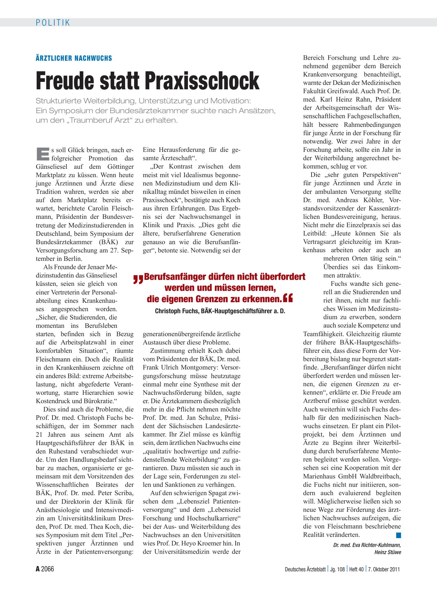 Vorschauseite 1: Ärztlicher Nachwuchs: Freude statt Praxisschock – Deutsches Ärzteblatt