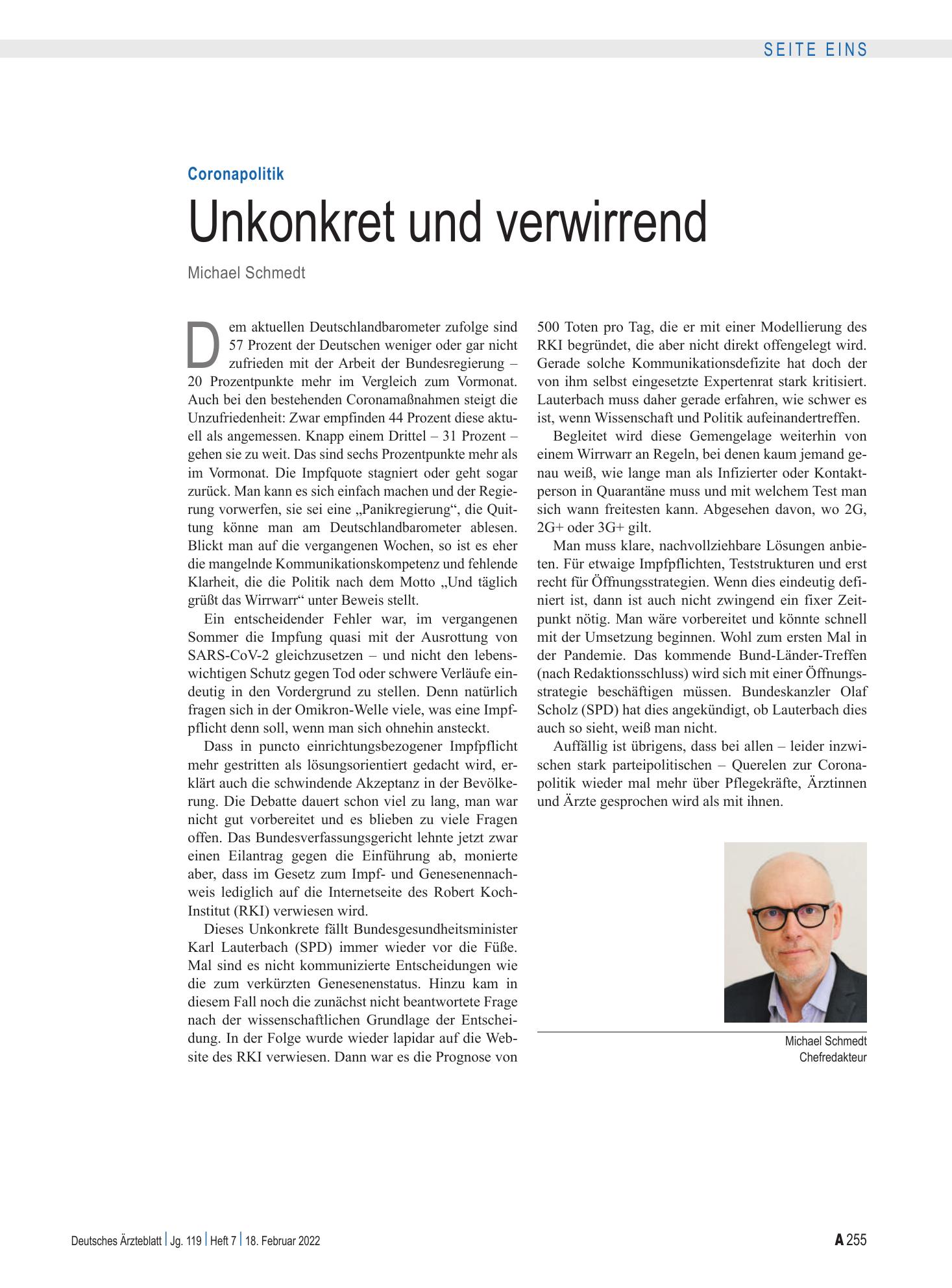 Vorschauseite 1: Coronapolitik: Unkonkret und verwirrend – Deutsches Ärzteblatt