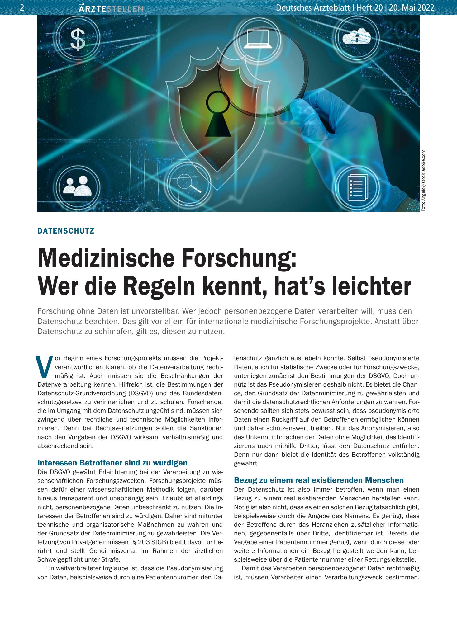 Vorschauseite 1: Datenschutz: Medizinische Forschung: Wer die Regeln kennt, hat’s leichter – Deutsches Ärzteblatt