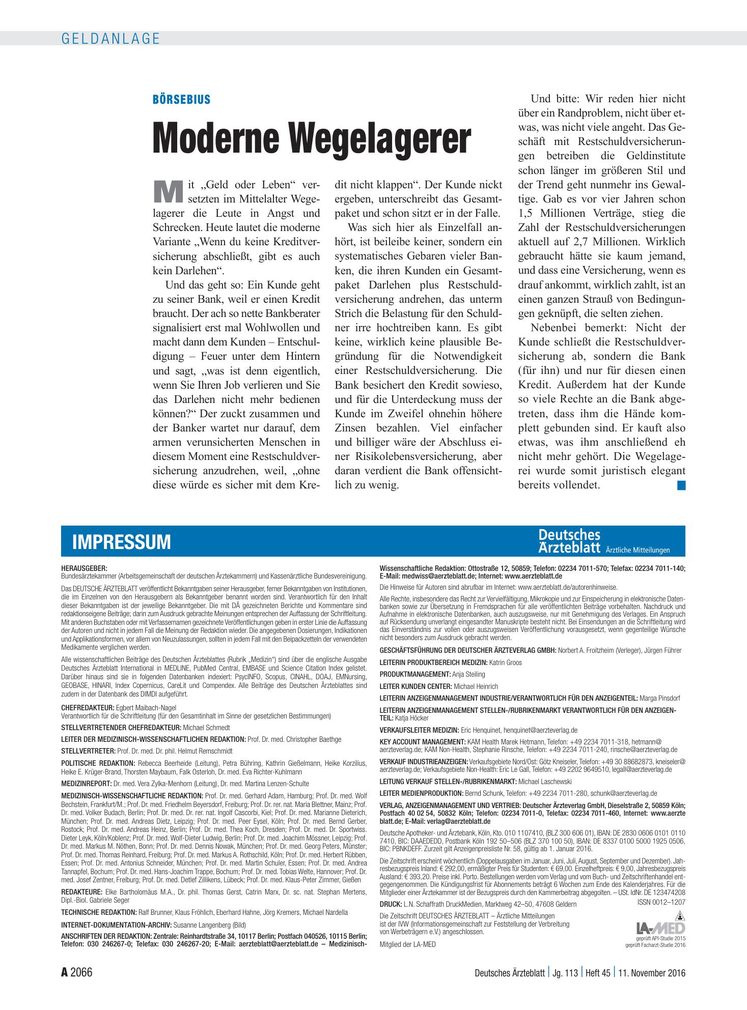 Vorschauseite 1: Börsebius: Moderne Wegelagerer – Deutsches Ärzteblatt