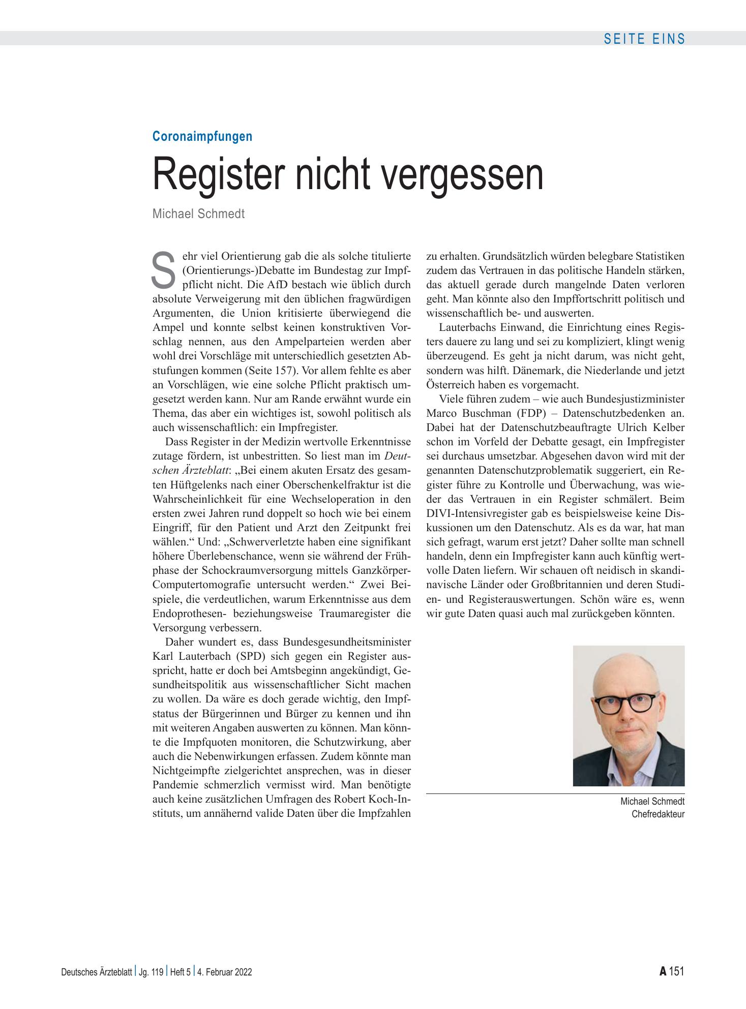 Vorschauseite 1: Coronaimpfungen: Register nicht vergessen – Deutsches Ärzteblatt