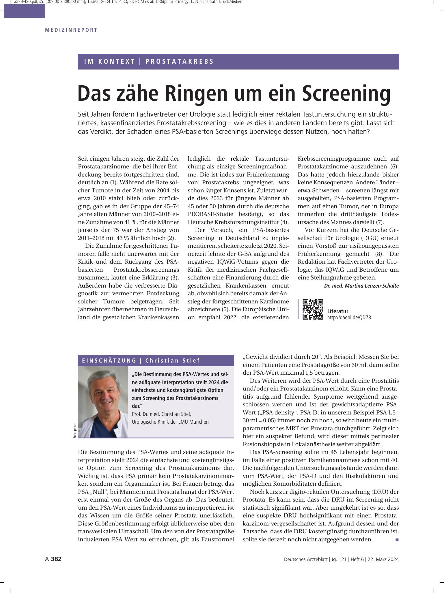 Vorschauseite 1: Prostatakrebs: Das zähe Ringen um ein Screening – Deutsches Ärzteblatt