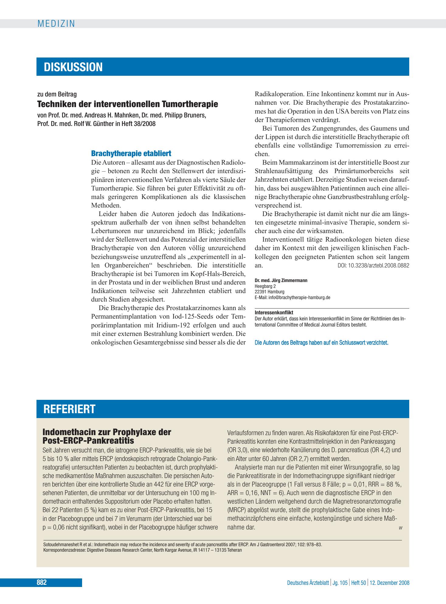 Vorschauseite 1: Indomethacin zur Prophylaxe der Post-ERCP-Pankreatitis – Deutsches Ärzteblatt