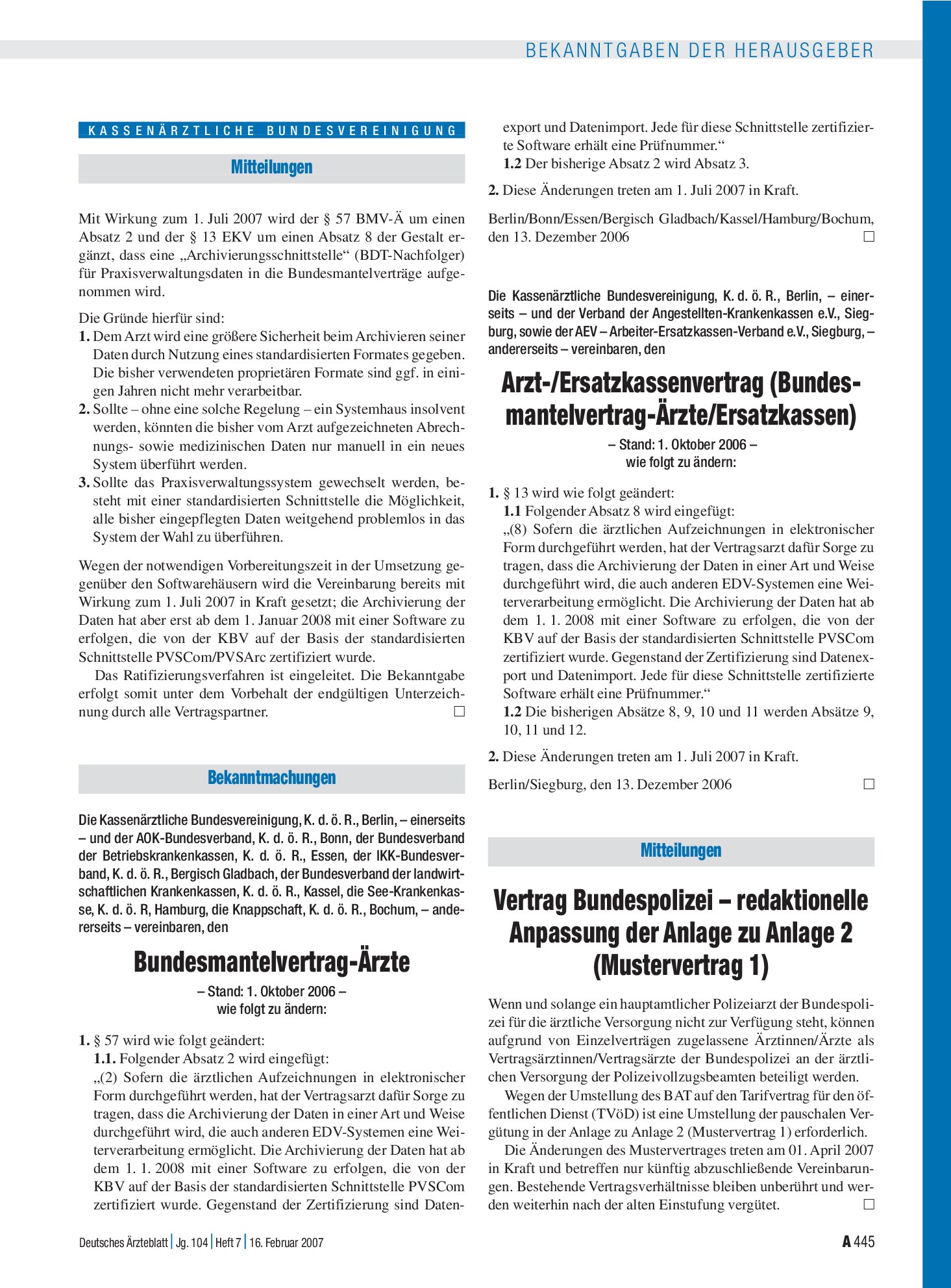 Vorschauseite 1: Bekanntmachungen: Änderung Bundesmantelvertrag-Ärzte – Stand: 1. Oktober 2006 – – Deutsches Ärzteblatt