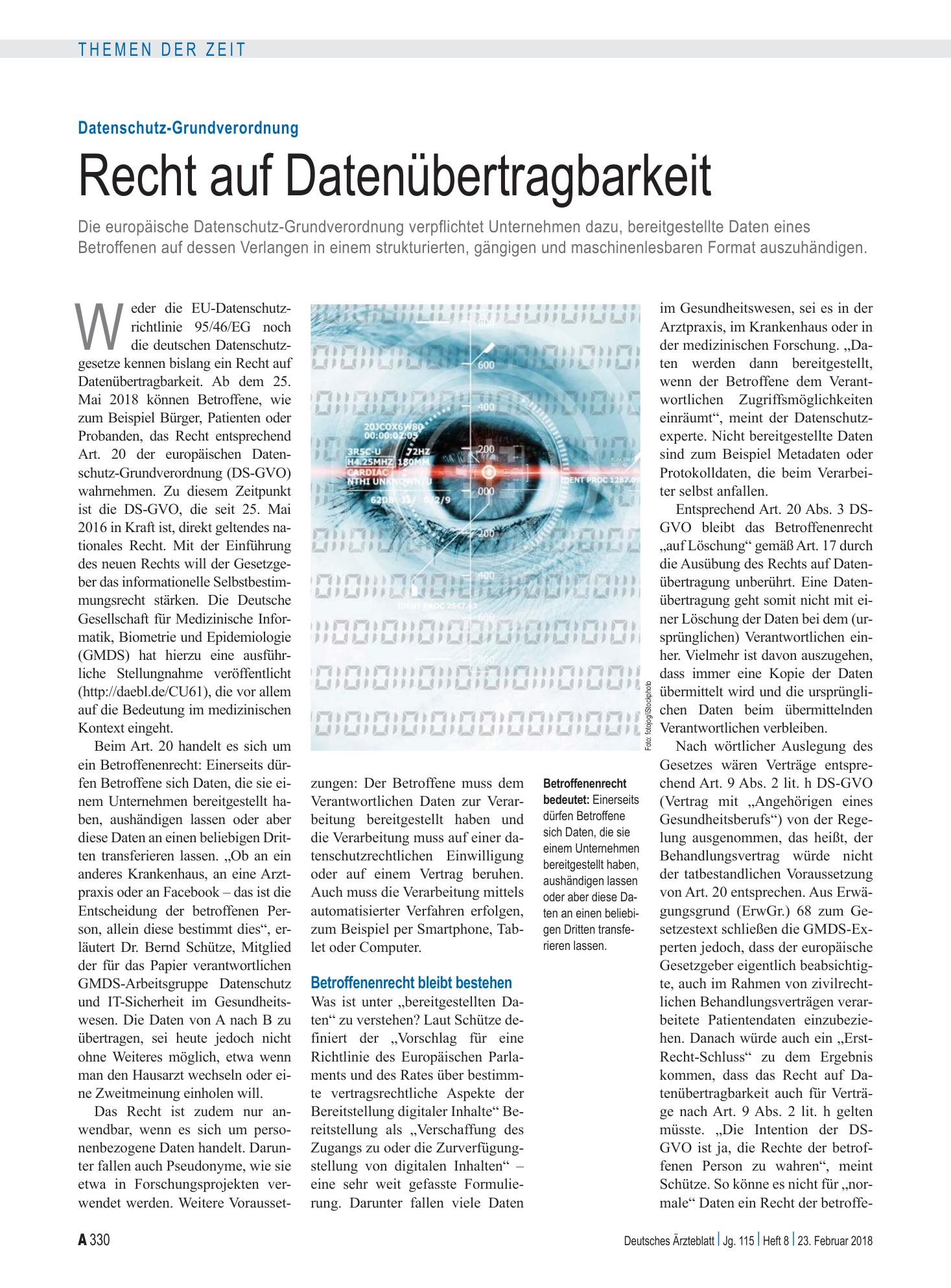 Vorschauseite 1: Datenschutz-Grundverordnung: Recht auf Datenübertragbarkeit – Deutsches Ärzteblatt