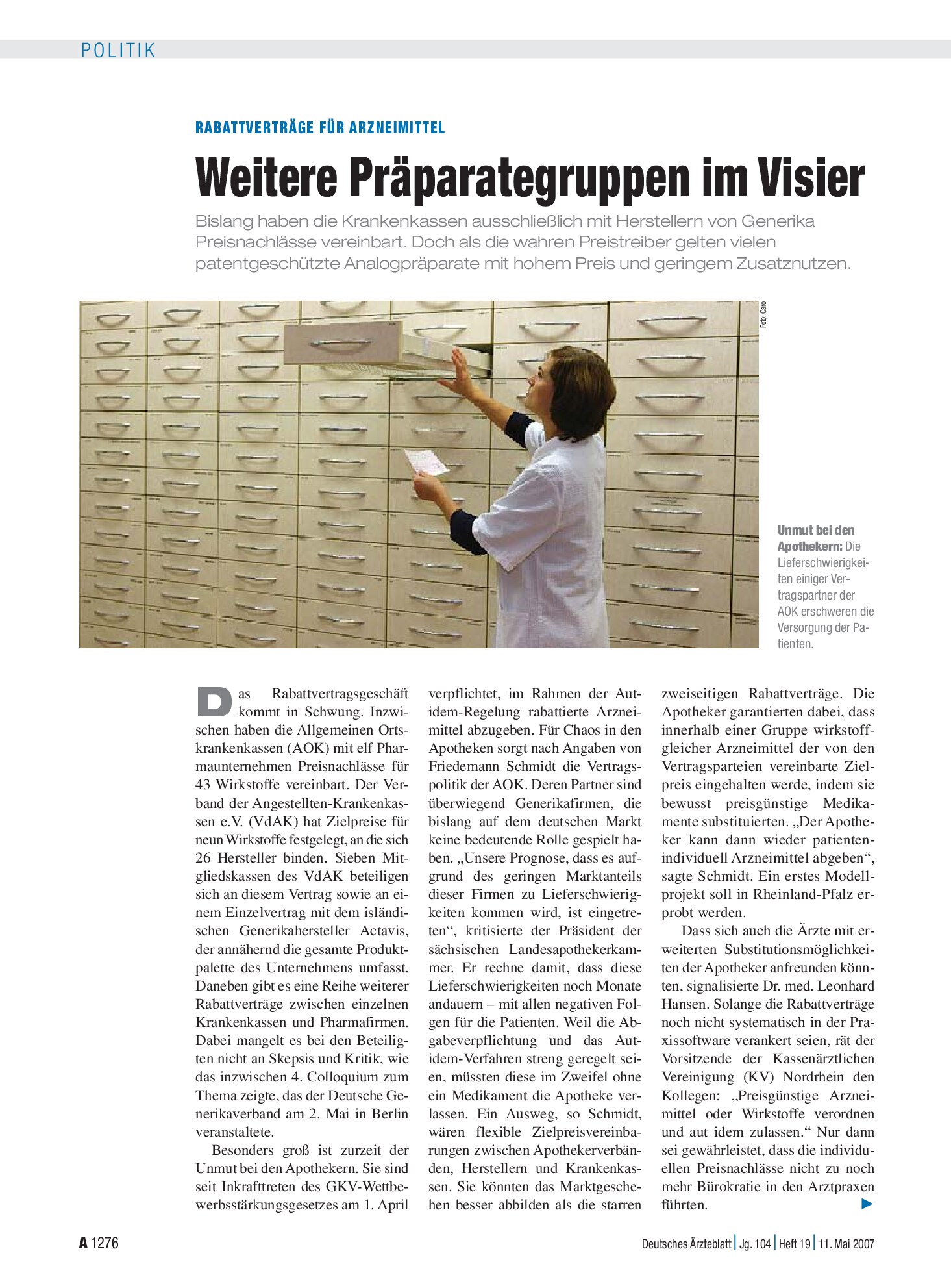 Vorschauseite 1: Rabattverträge für Arzneimittel: Weitere Präparategruppen im Visier – Deutsches Ärzteblatt