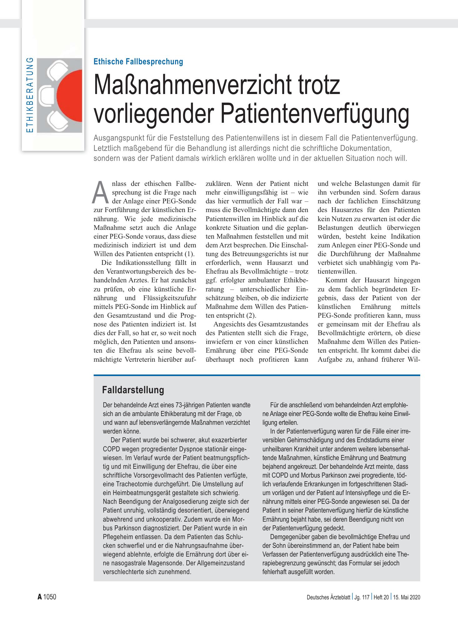Vorschauseite 1: Ethische Fallbesprechung: Maßnahmenverzicht trotz vorliegender Patientenverfügung – Deutsches Ärzteblatt
