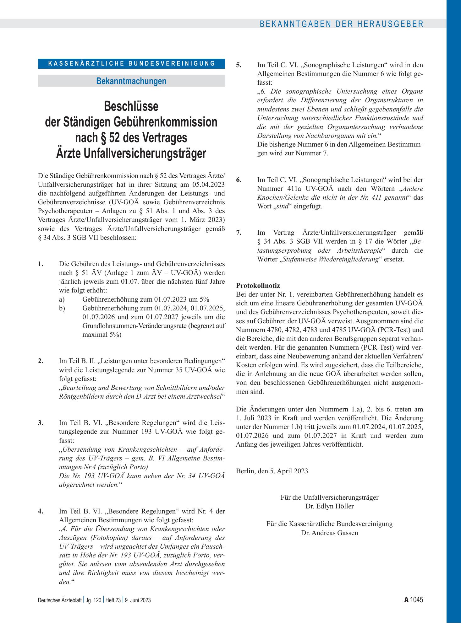 Vorschauseite 1: Beschlüsse der Ständigen Gebührenkommission nach § 52 des Vertrages Ärzte Unfallversicherungsträger – Deutsches Ärzteblatt
