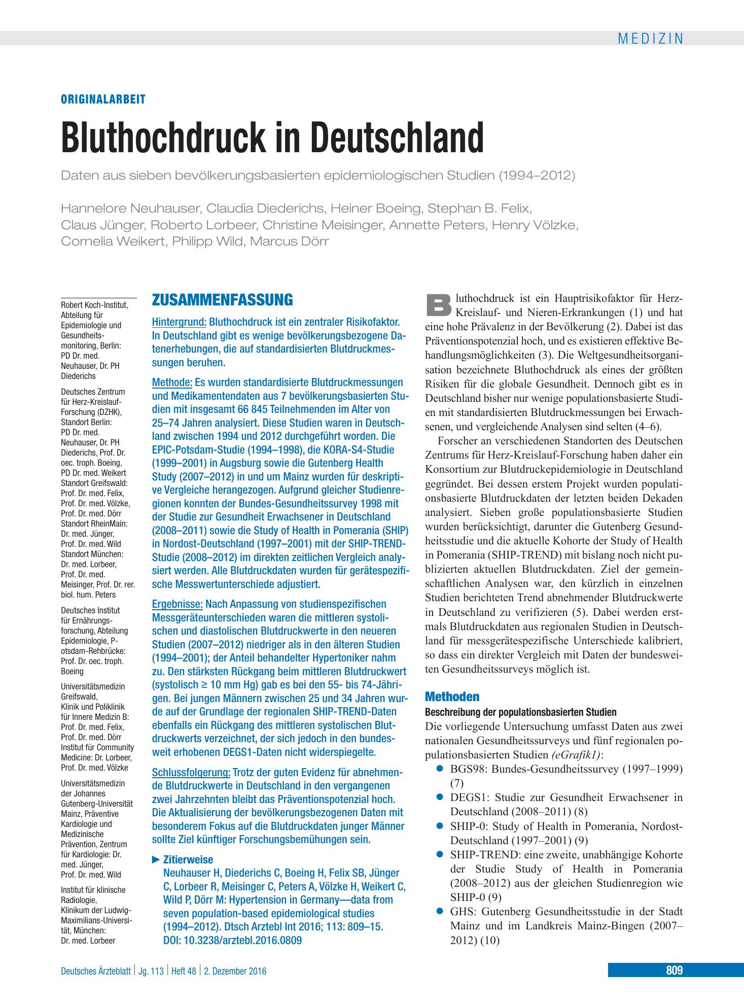 Vorschauseite 1: Bluthochdruck in Deutschland – Deutsches Ärzteblatt