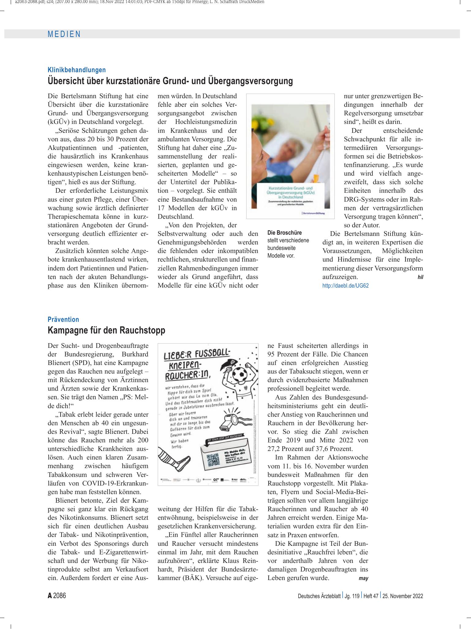 Vorschauseite 1: Prävention: Kampagne für den Rauchstopp – Deutsches Ärzteblatt