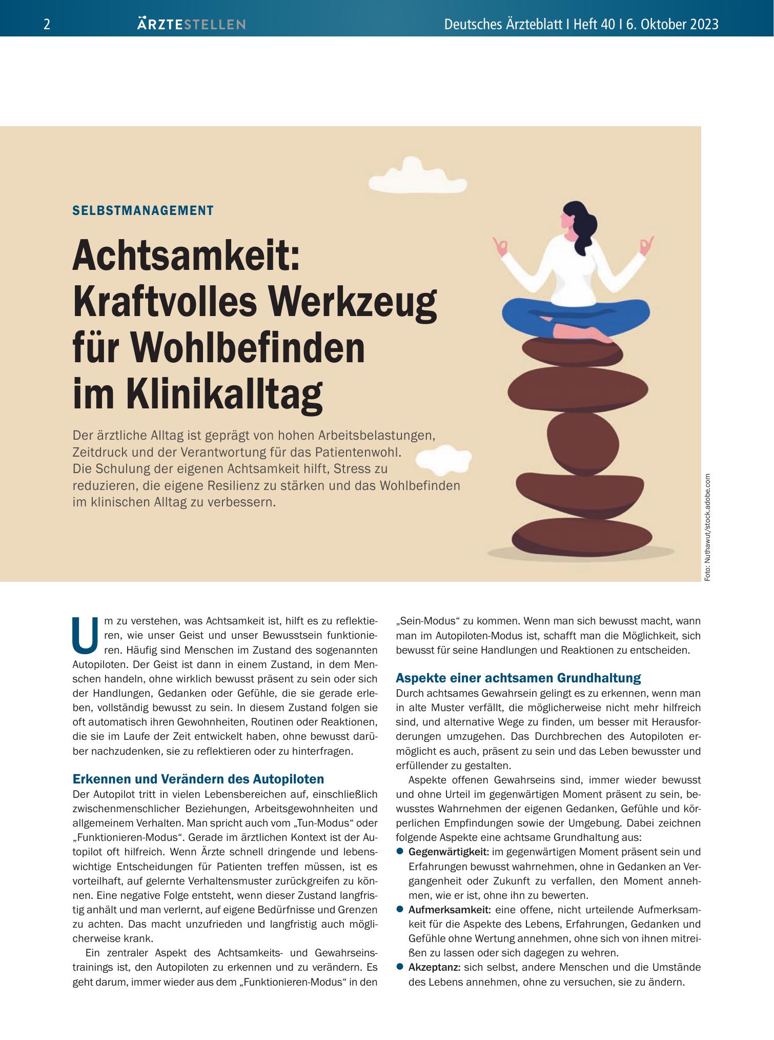 Vorschauseite 1: Selbstmanagement: Achtsamkeit – Kraftvolles Werkzeug für Wohlbefinden im Klinikalltag – Deutsches Ärzteblatt