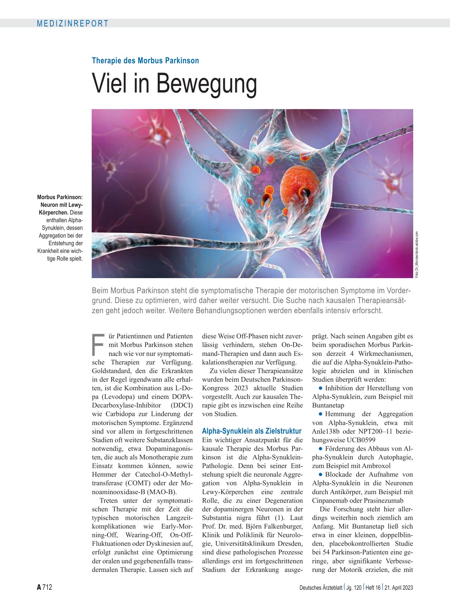 Vorschauseite 1: Therapie des Morbus Parkinson: Viel in Bewegung – Deutsches Ärzteblatt