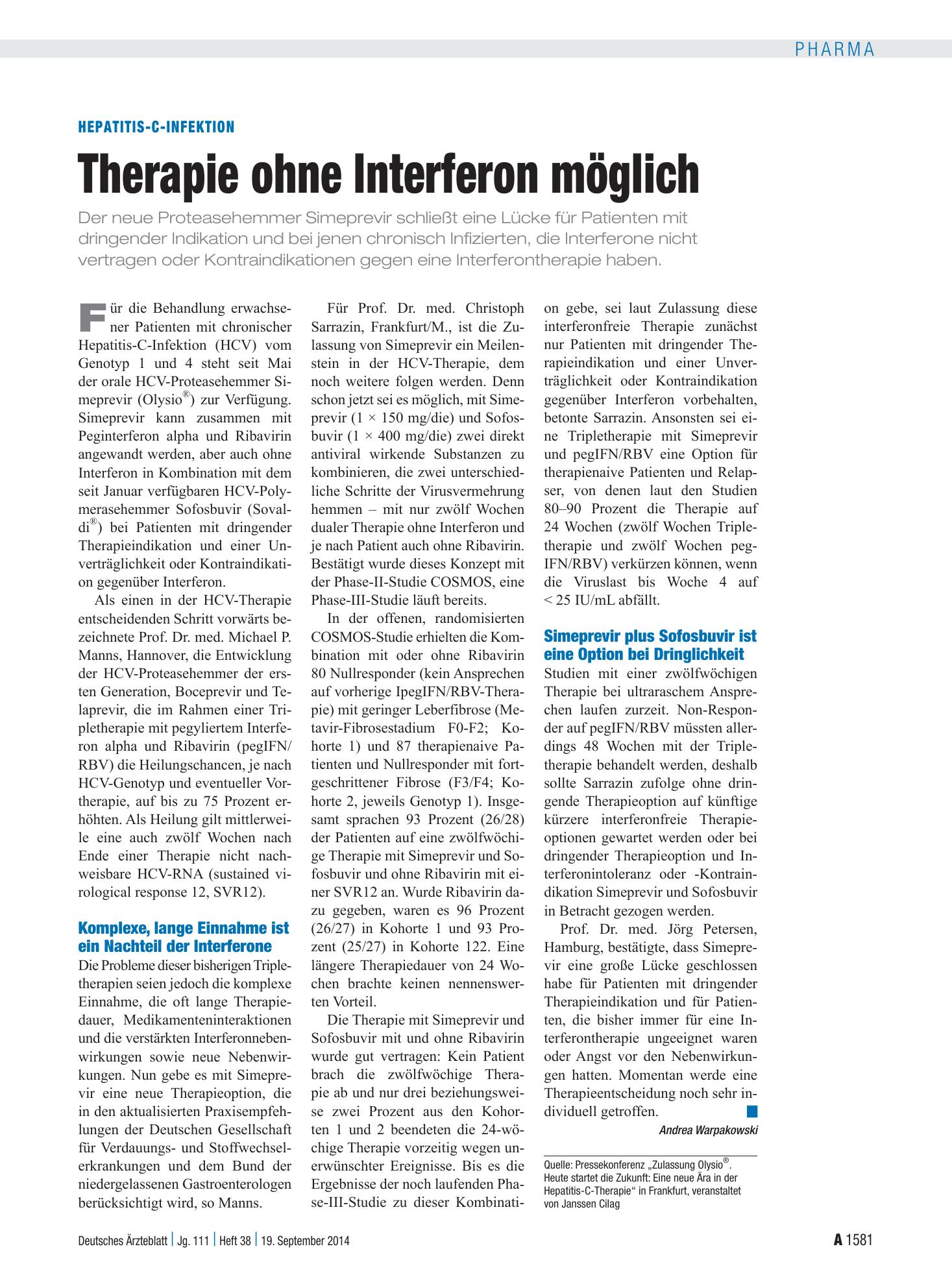 Vorschauseite 1: Hepatitis-C-Infektion: Therapie ohne Interferon möglich – Deutsches Ärzteblatt