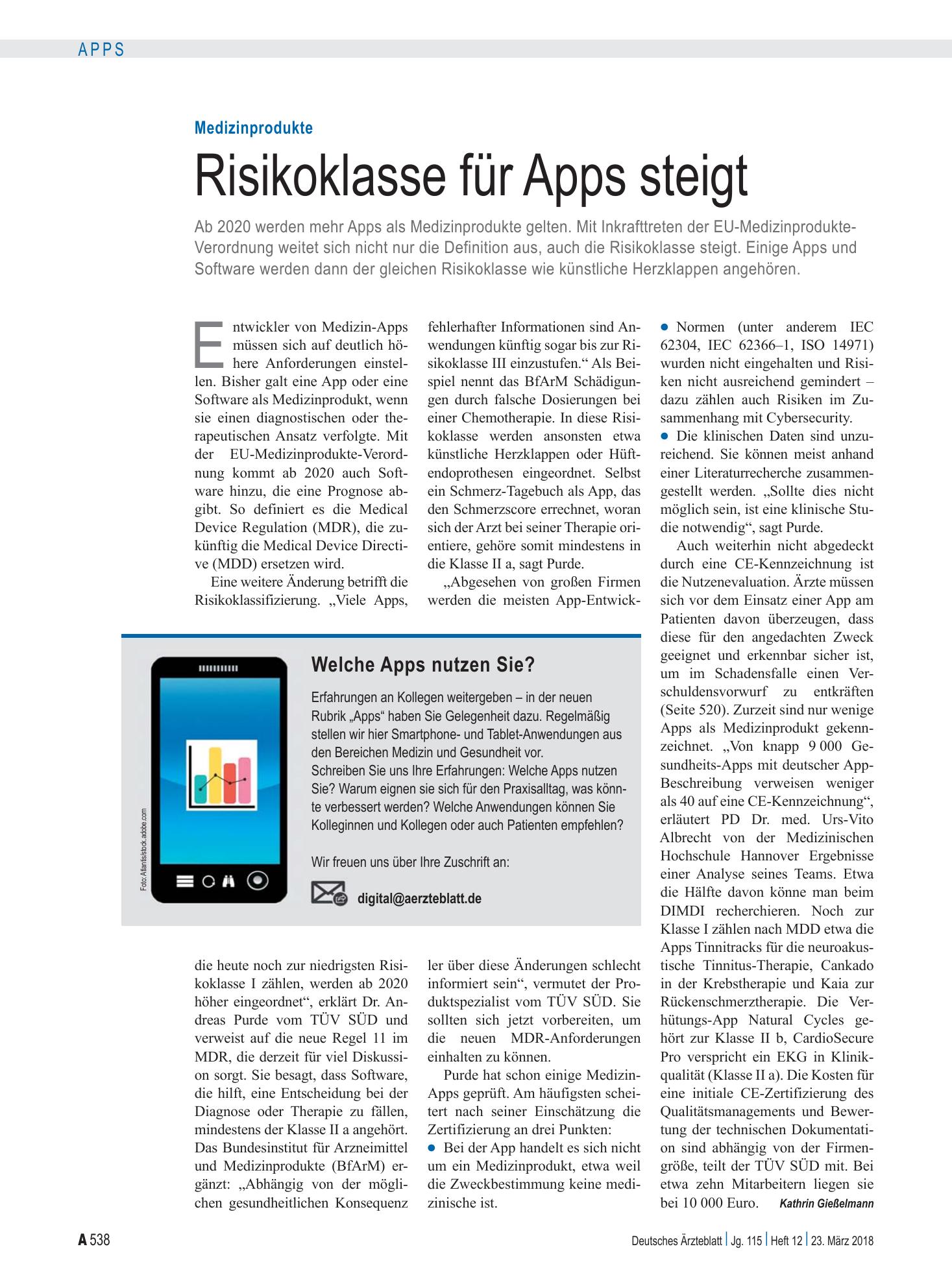 Vorschauseite 1: Medizinprodukte: Risikoklasse für Apps steigt – Deutsches Ärzteblatt
